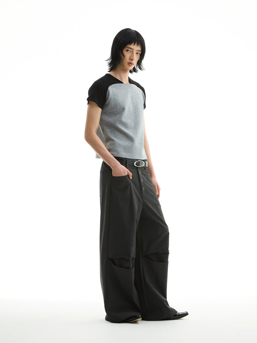 FUNKYFUN contrasting curved shoulder splicing V-neck tee