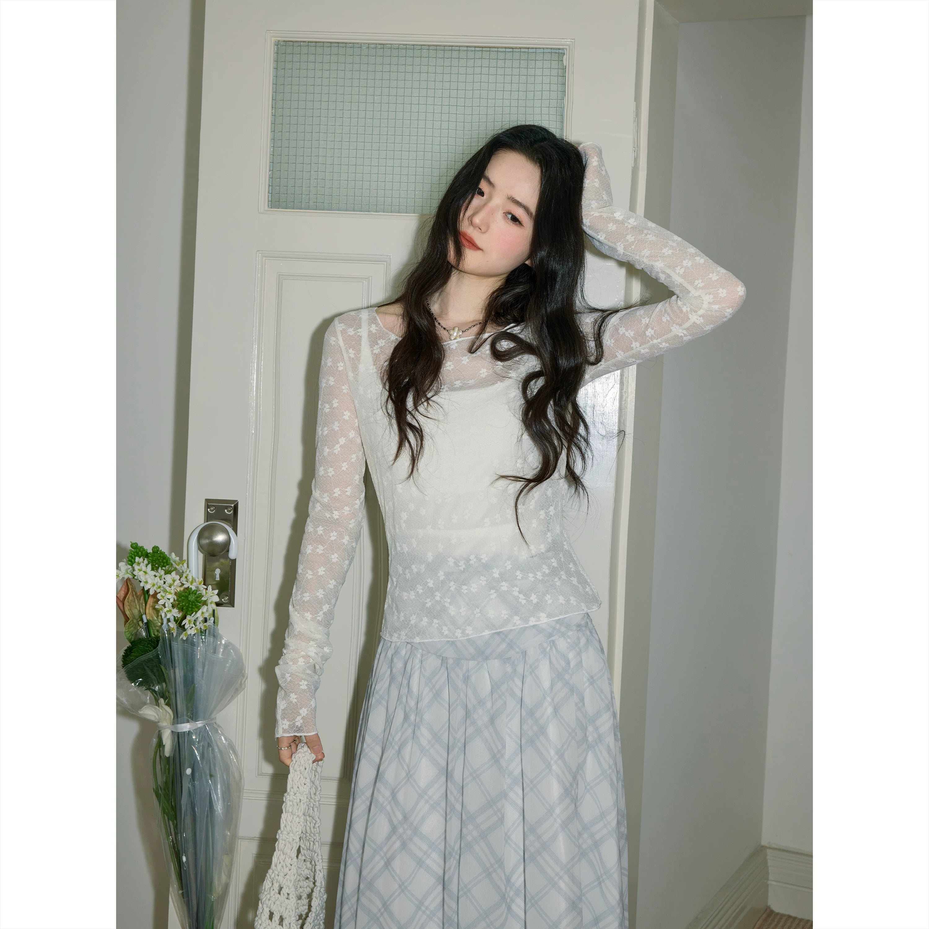 XUJING Lace Floral Slim Long Sleeves