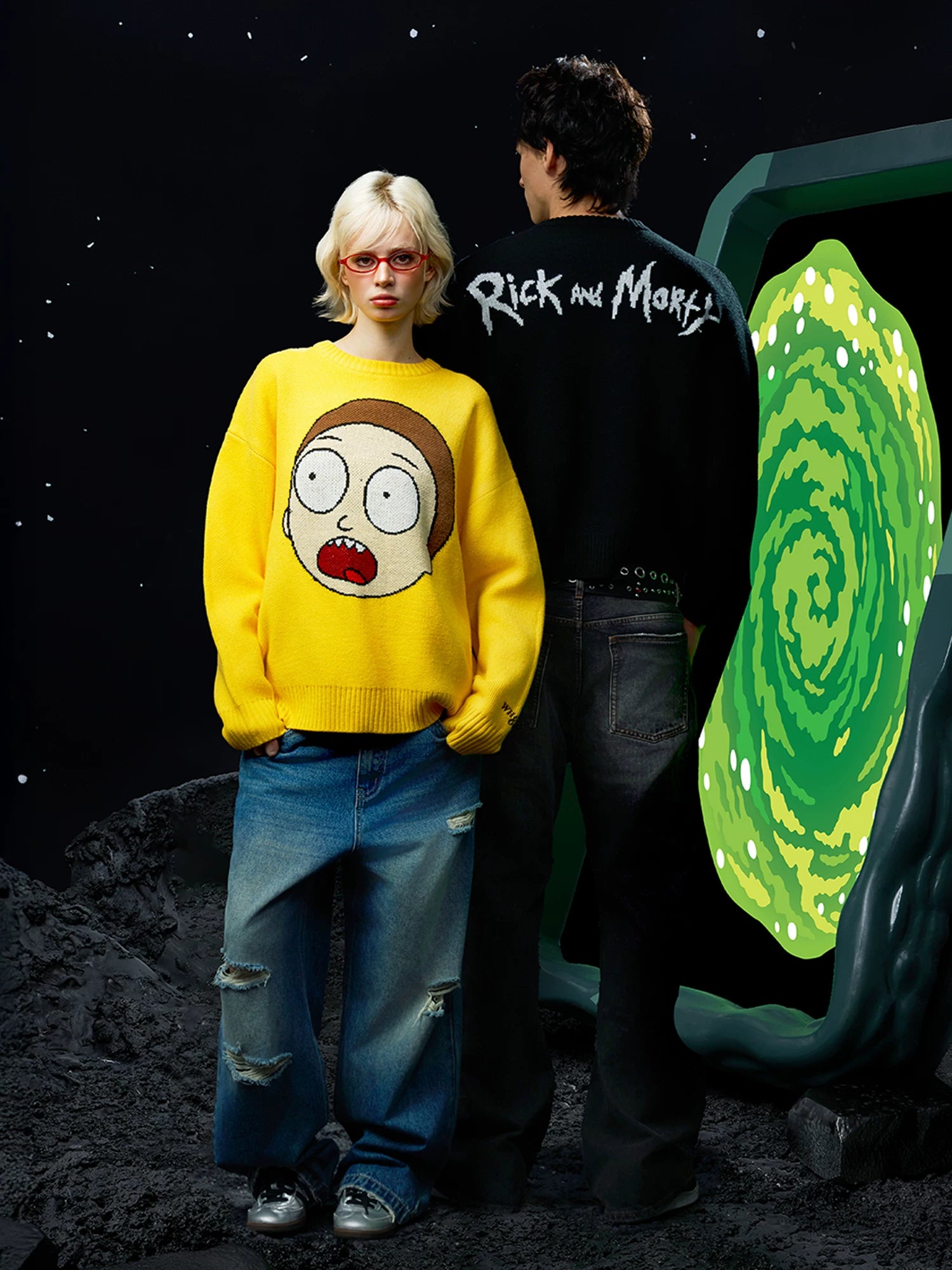 WHOOSIS Anime Cartoon Print Jacquard Crew Neck Sweater