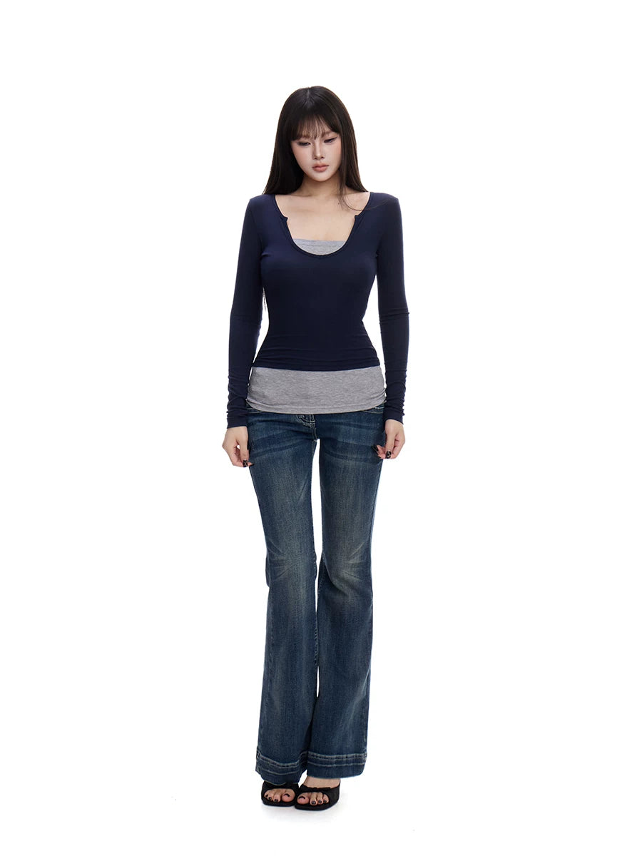 WITHMIN Fake Two-piece Contrasting Color Slim-fitting Front Shoulder Long Sleeves