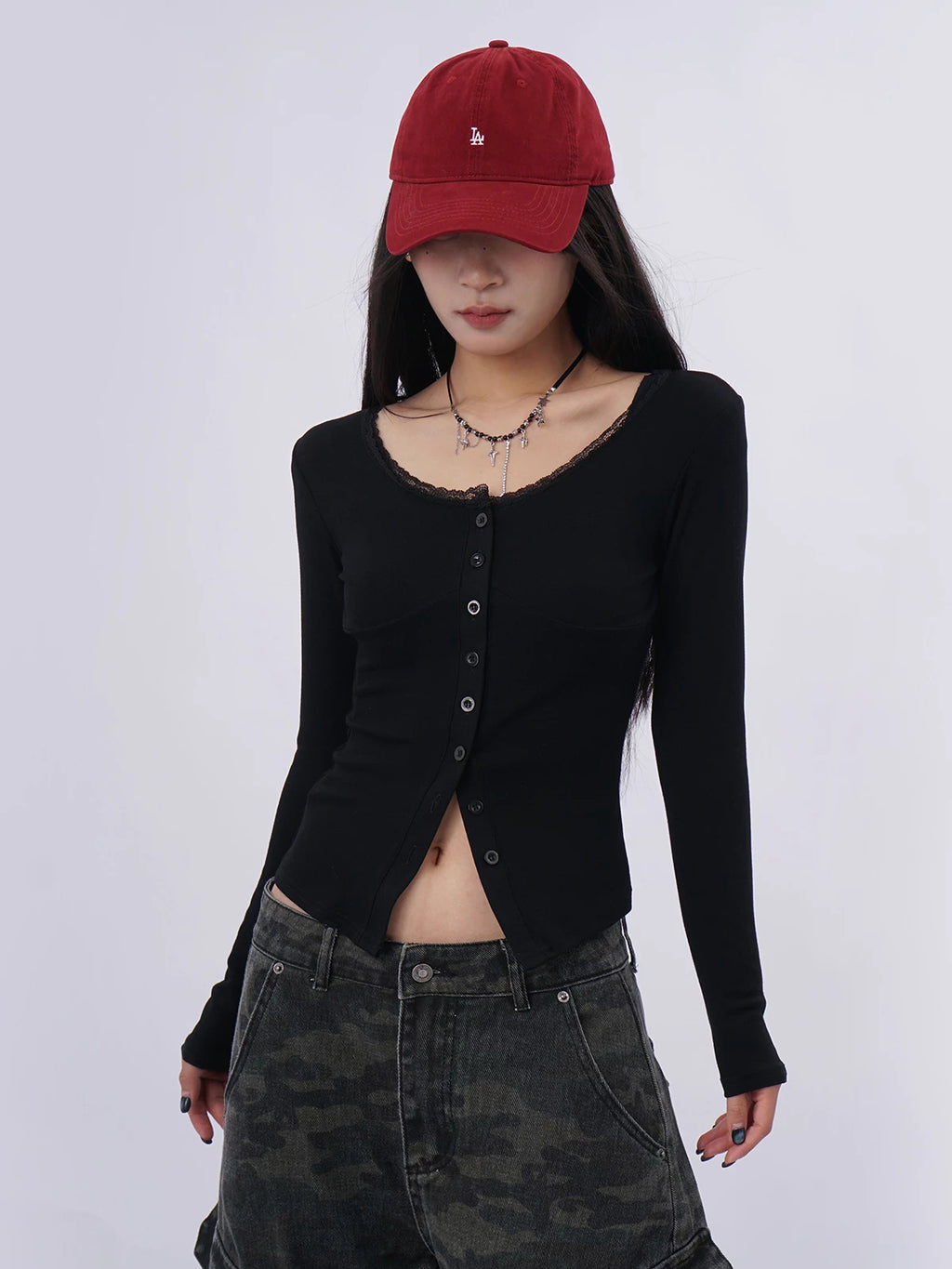 SAMUSAN Lace Stitching Slim Slim Long Sleeves