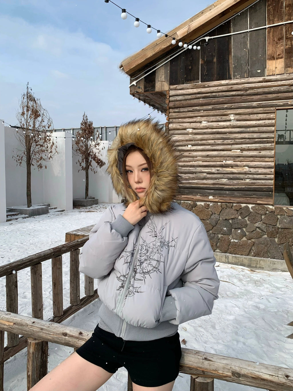 BANGU Hooded Short Fur Collar Cotton Jacket