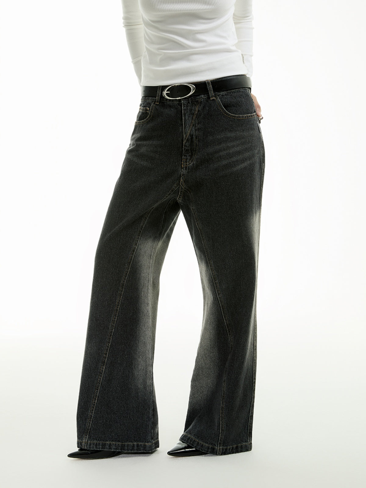 FUNKYFUN Oblique Bone Cut Old Cat Beard Straight Jeans