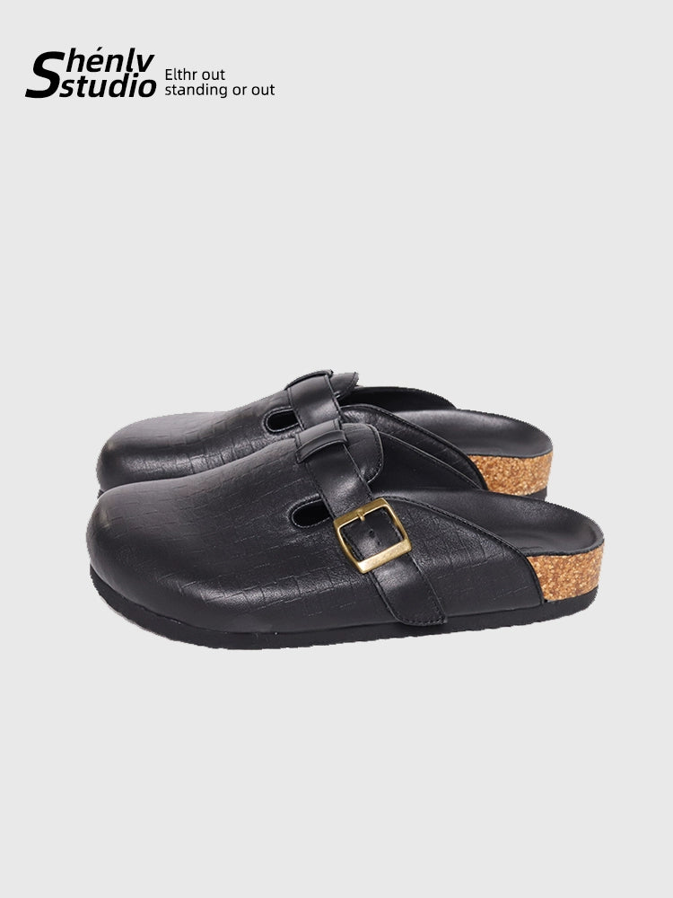 SHENLV STUDIO Baotou Half-trailer Leather Shoes Versatile Commuter Leather Slippers