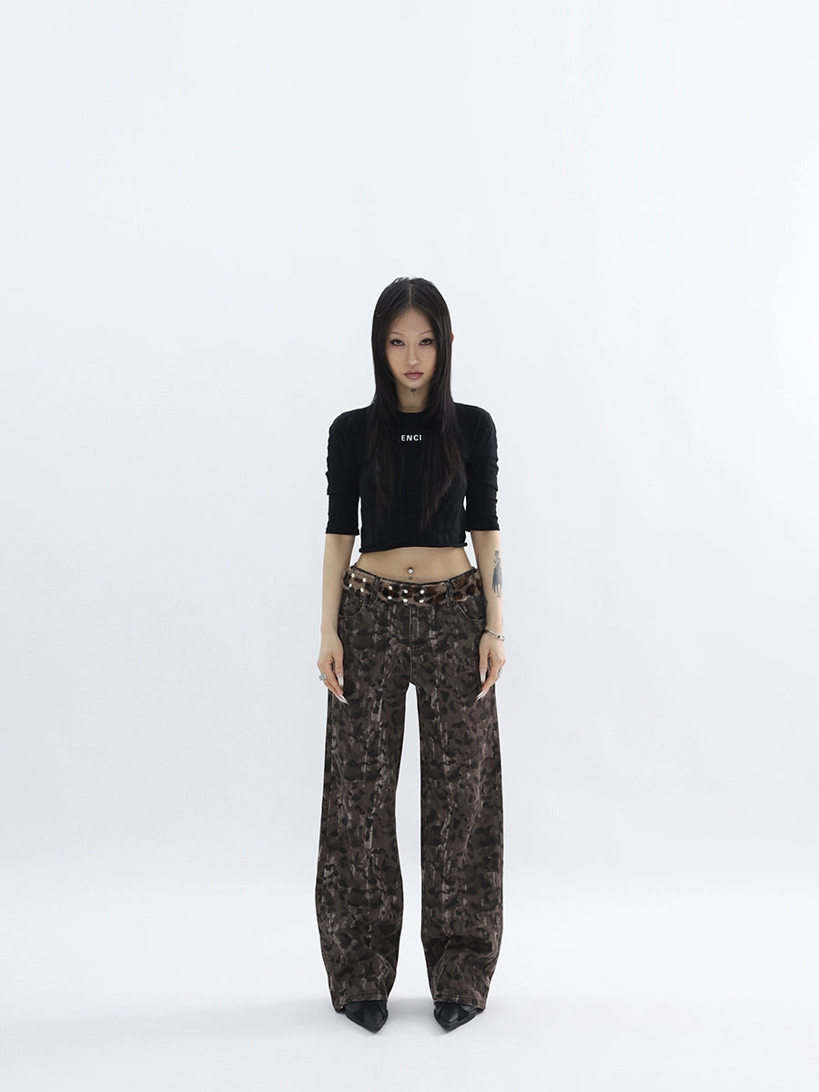 FUZZYKON Straight Low-rise Retro Leopard Print Jeans