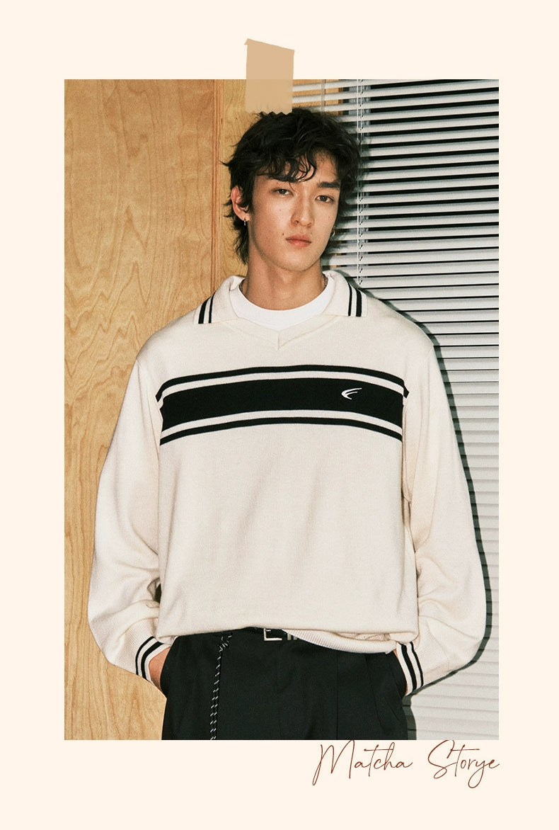 MATCHA STORY Striped Contrasting Polo Neck Loose Knitted Sweater