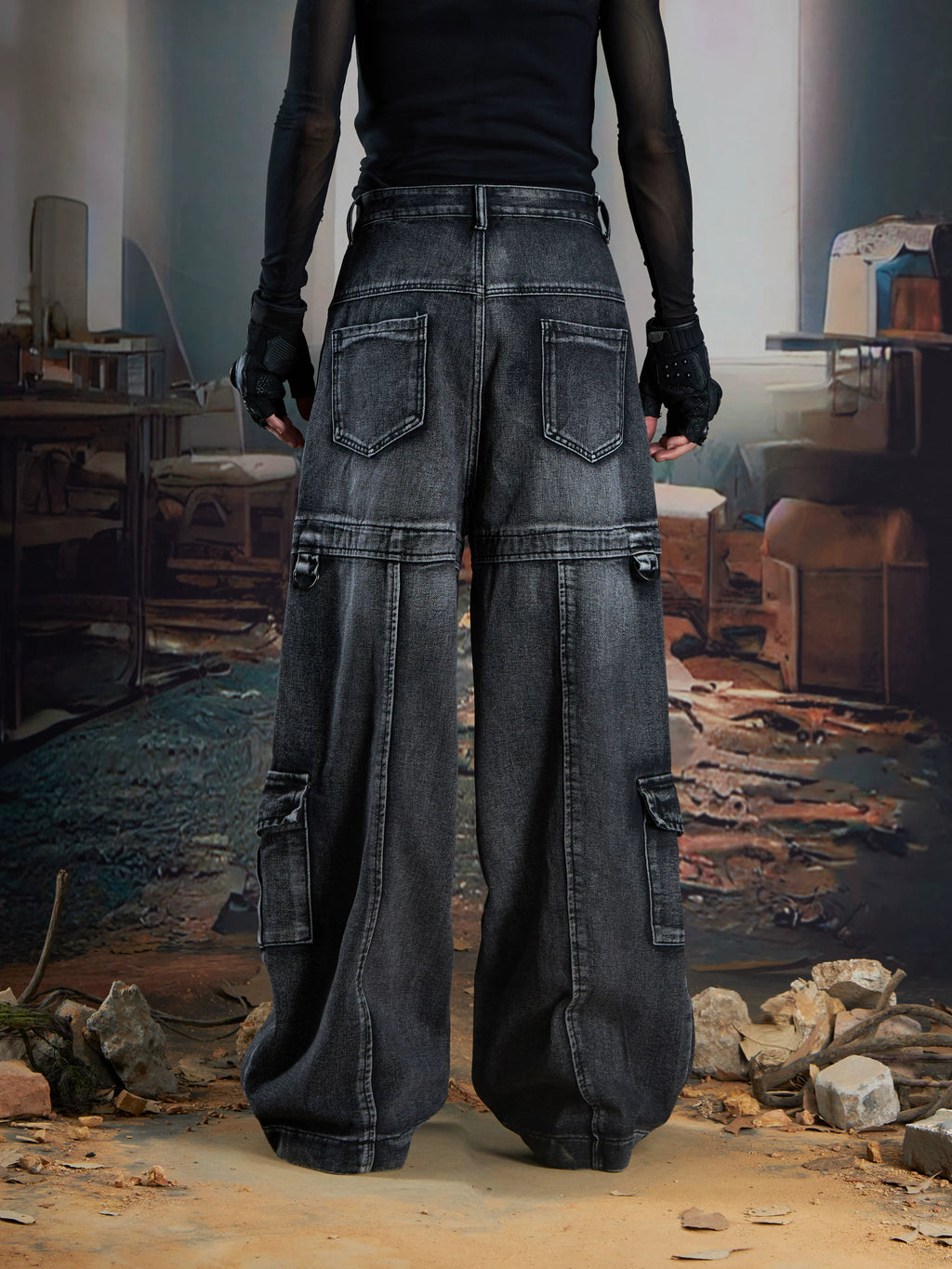 NOMANIAI Rivet Streamer Wash Water Do Old Multi-pocket Jeans