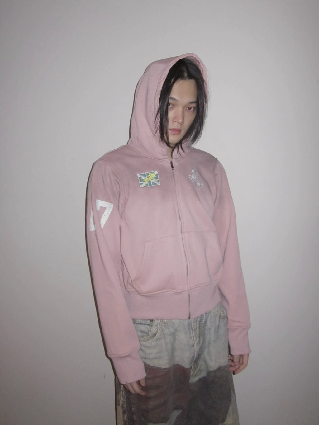 URRRGE Embroidered Cracked Print Hooded Zip-up Sweater