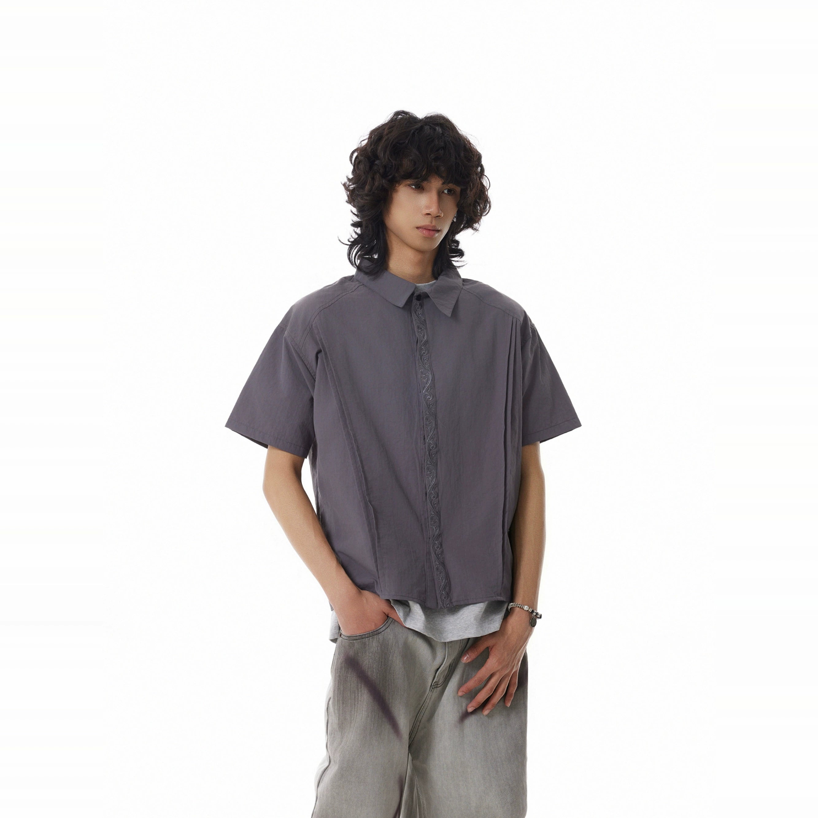 BTSG Pleated Stitching Embroidered Shirt