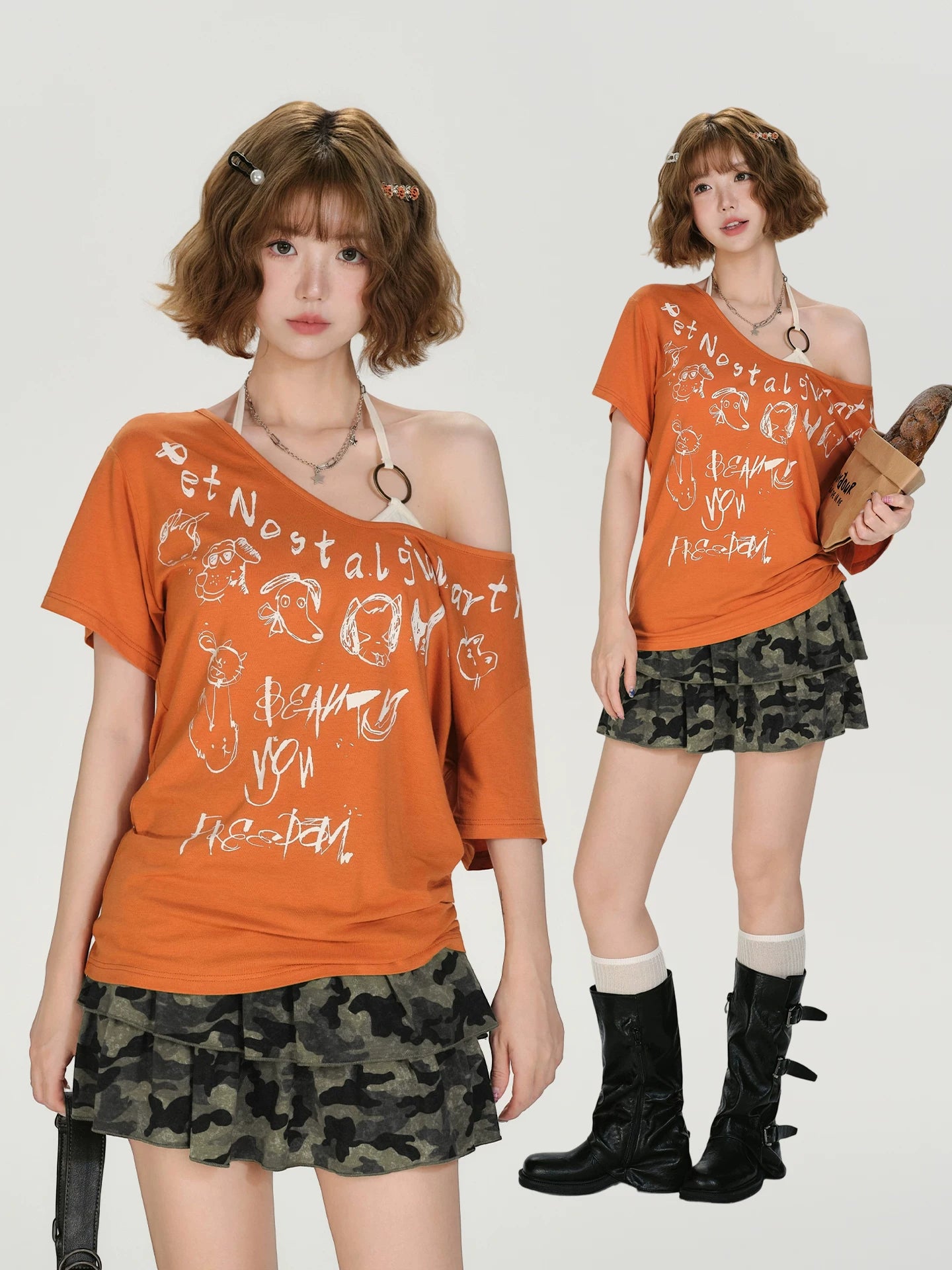 Girlyhalo Vintage Sloping Shoulder Loose Two-Piece Set