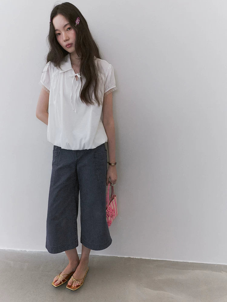 VOOE Lapel Strap Lace Shirt