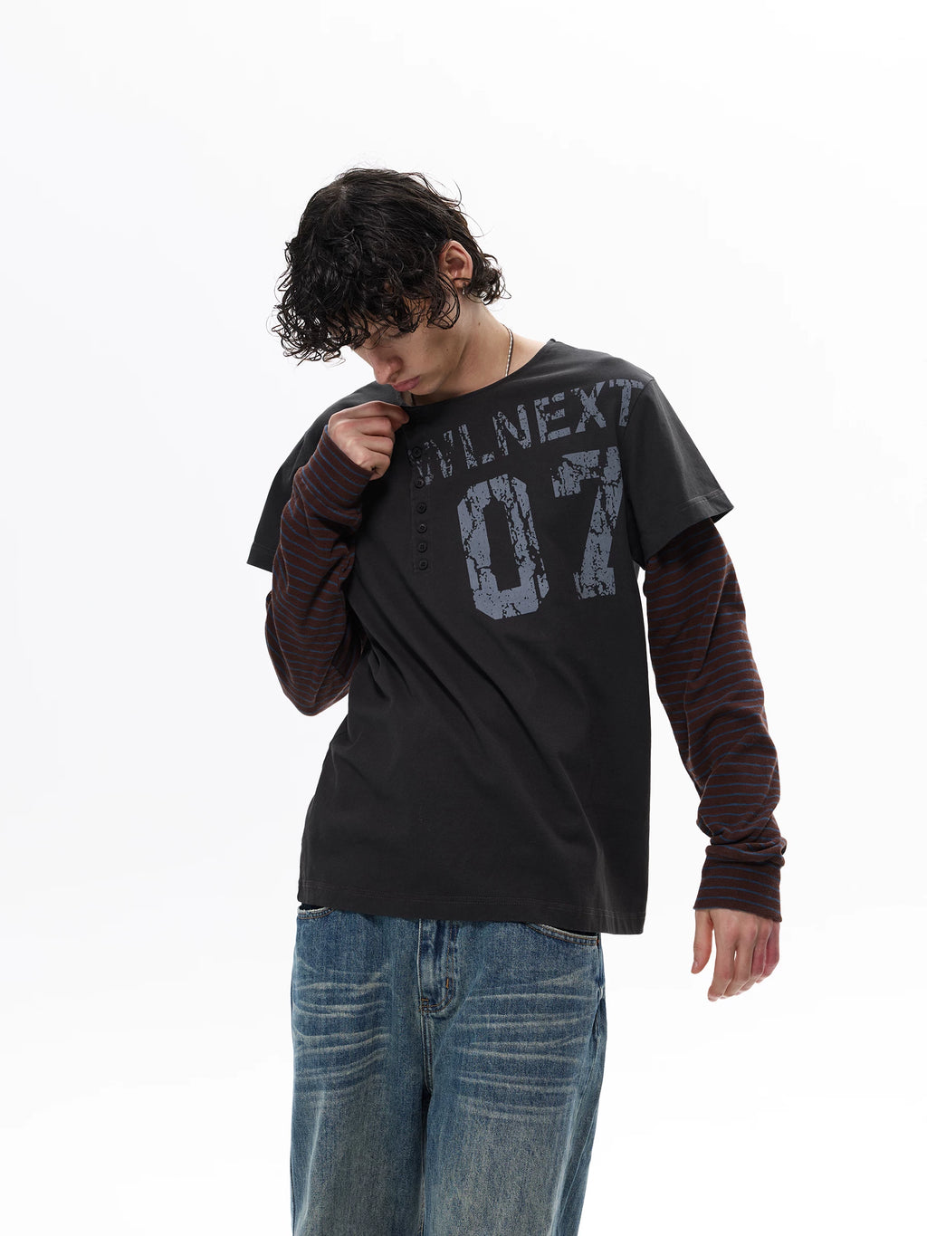 WLNEXT Striped Splicing Fake Two-piece Long Sleeve