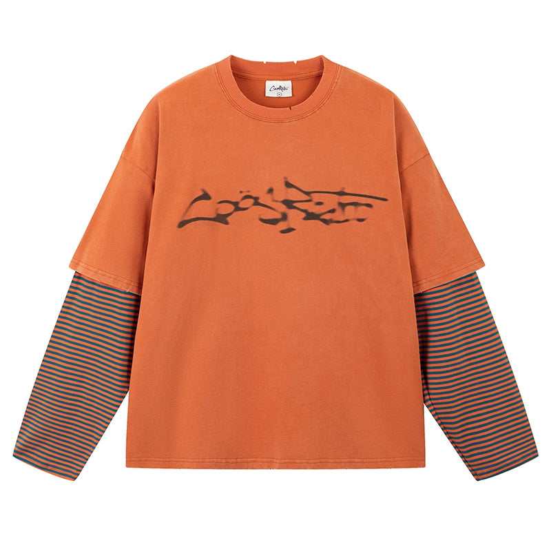 CoosRetro Phantom Print Washed Fake Two-piece Long Sleeve T