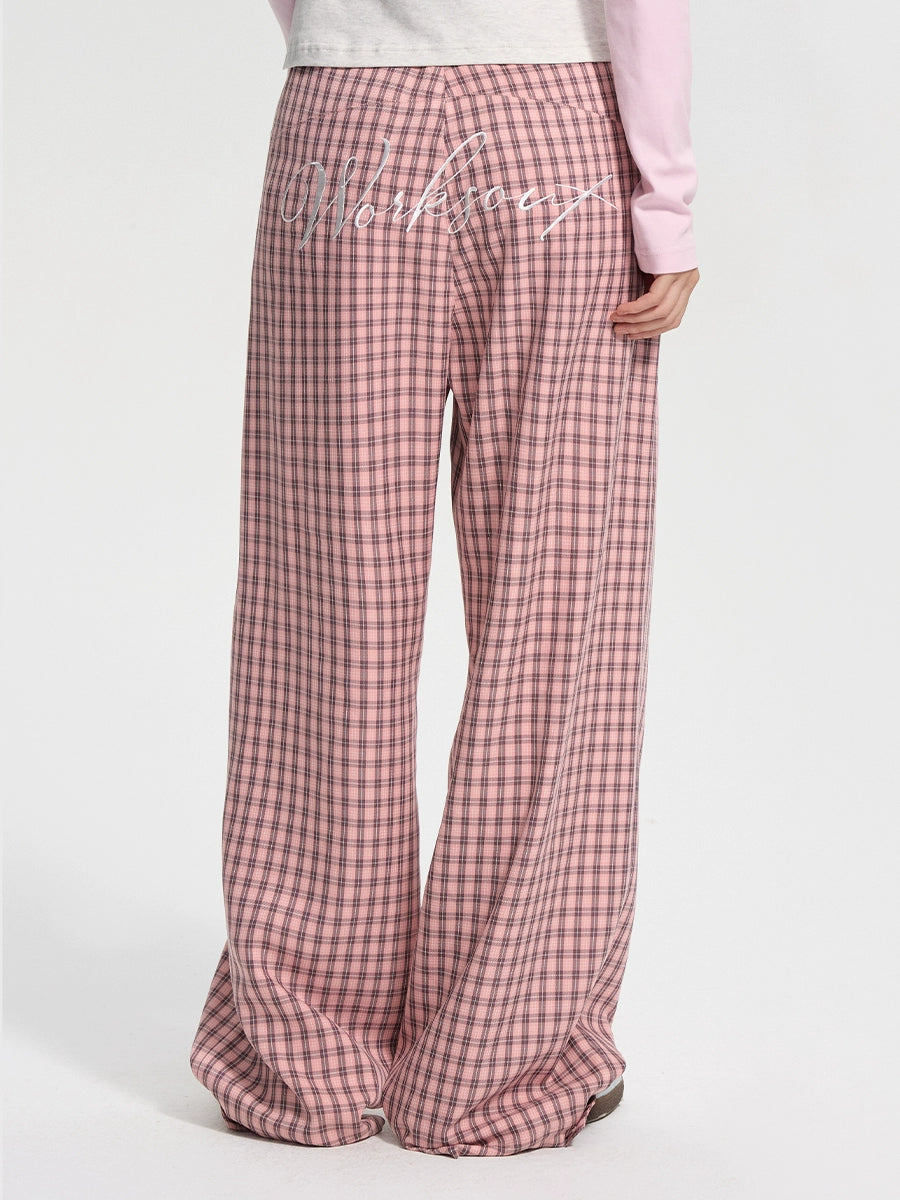 NICEBAD Flower-embroidered Plaid Trousers