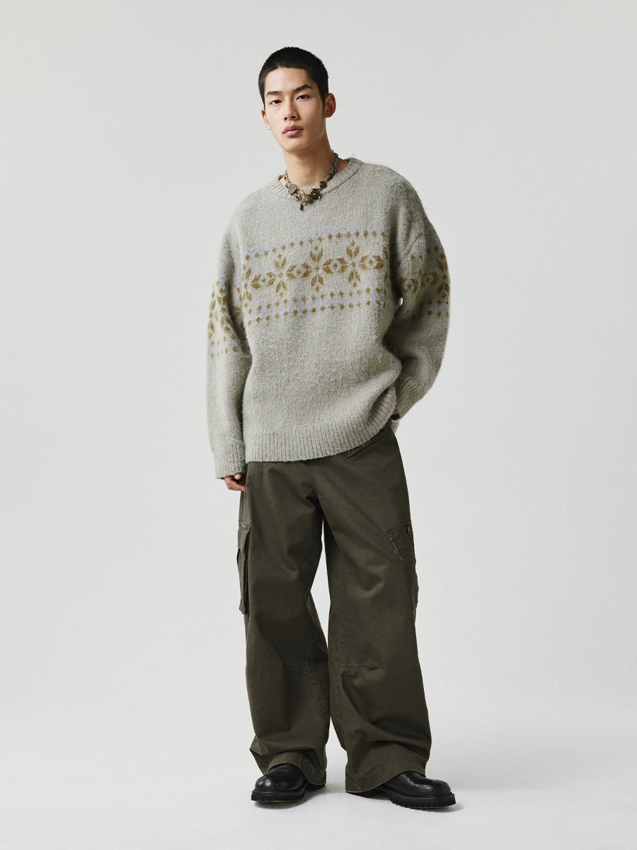 LIMPIDOCULUS Rhombus Totem Loose Jacquard Crew Neck Sweater