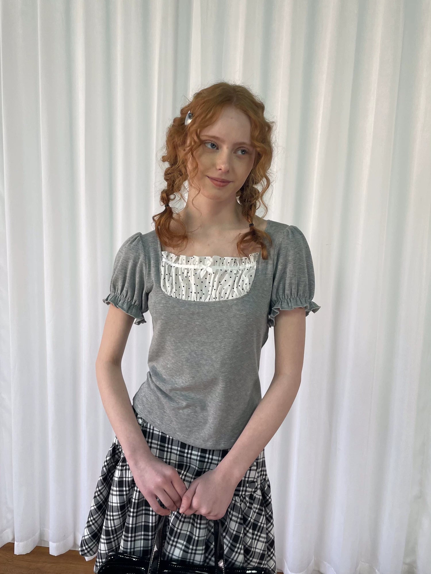 Loosesmell Splicing Polka Dot Small Bow Casual Tee