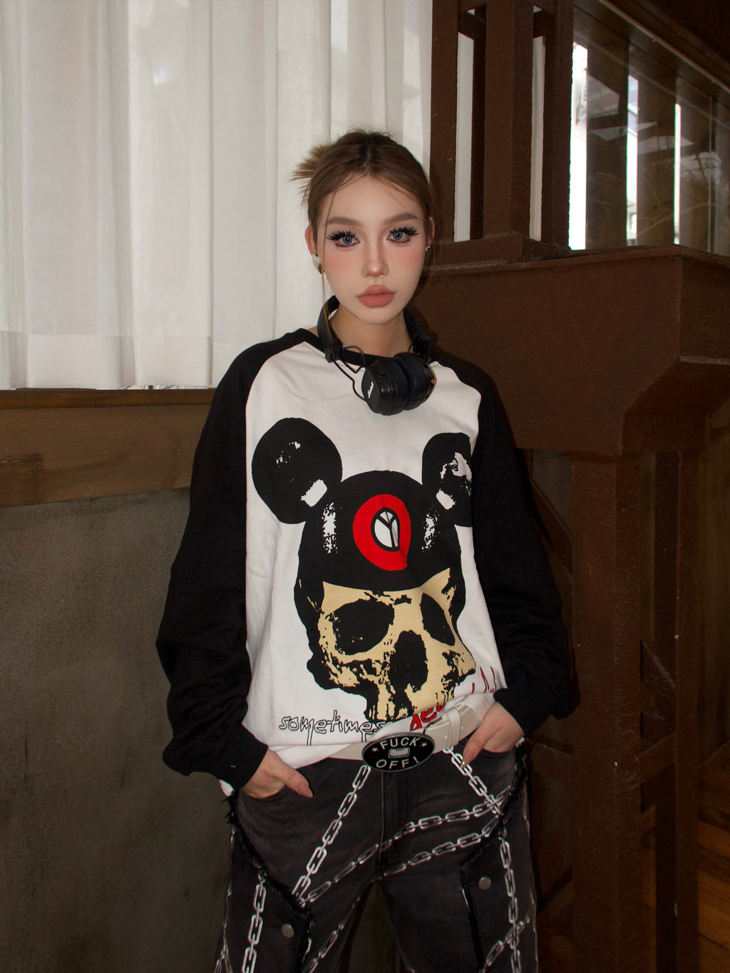 Human Voices Heavy Skull Print Black and White Shoulder Long Sleeve Tee