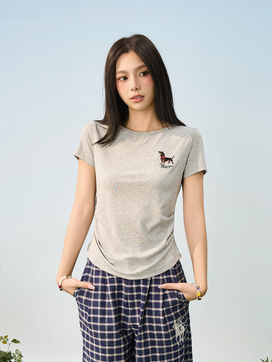 HACR Stretch Knit Embroidered Puppy Front Shoulder Tee