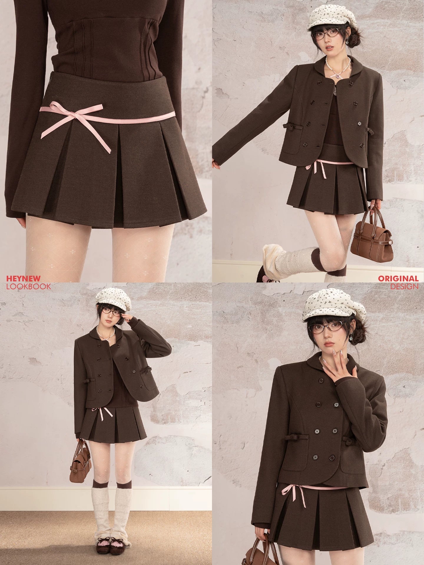 HEYNEW Maillard College Style Coat Pleated Skirt