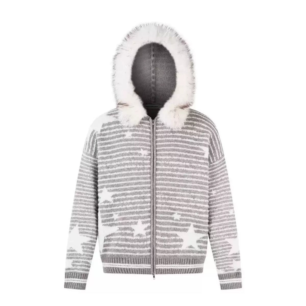 Saimt Retrostripes Fur Collar Hooded Knittingoutwear