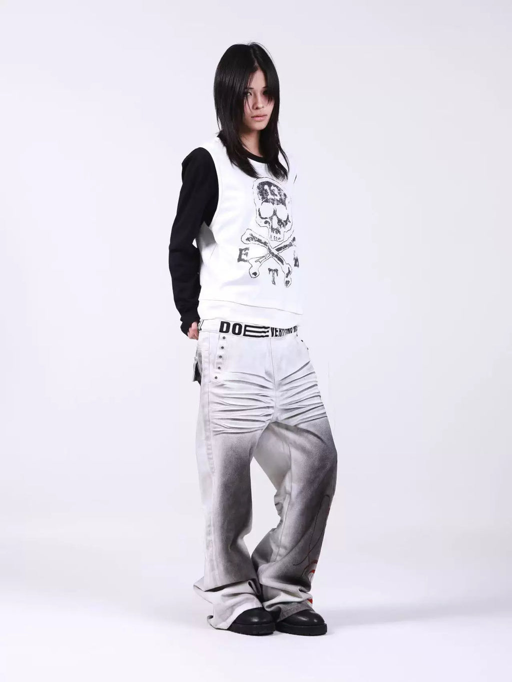 DETW Double Neckline Hem Contrasting Color Front Shoulder Long Sleeve