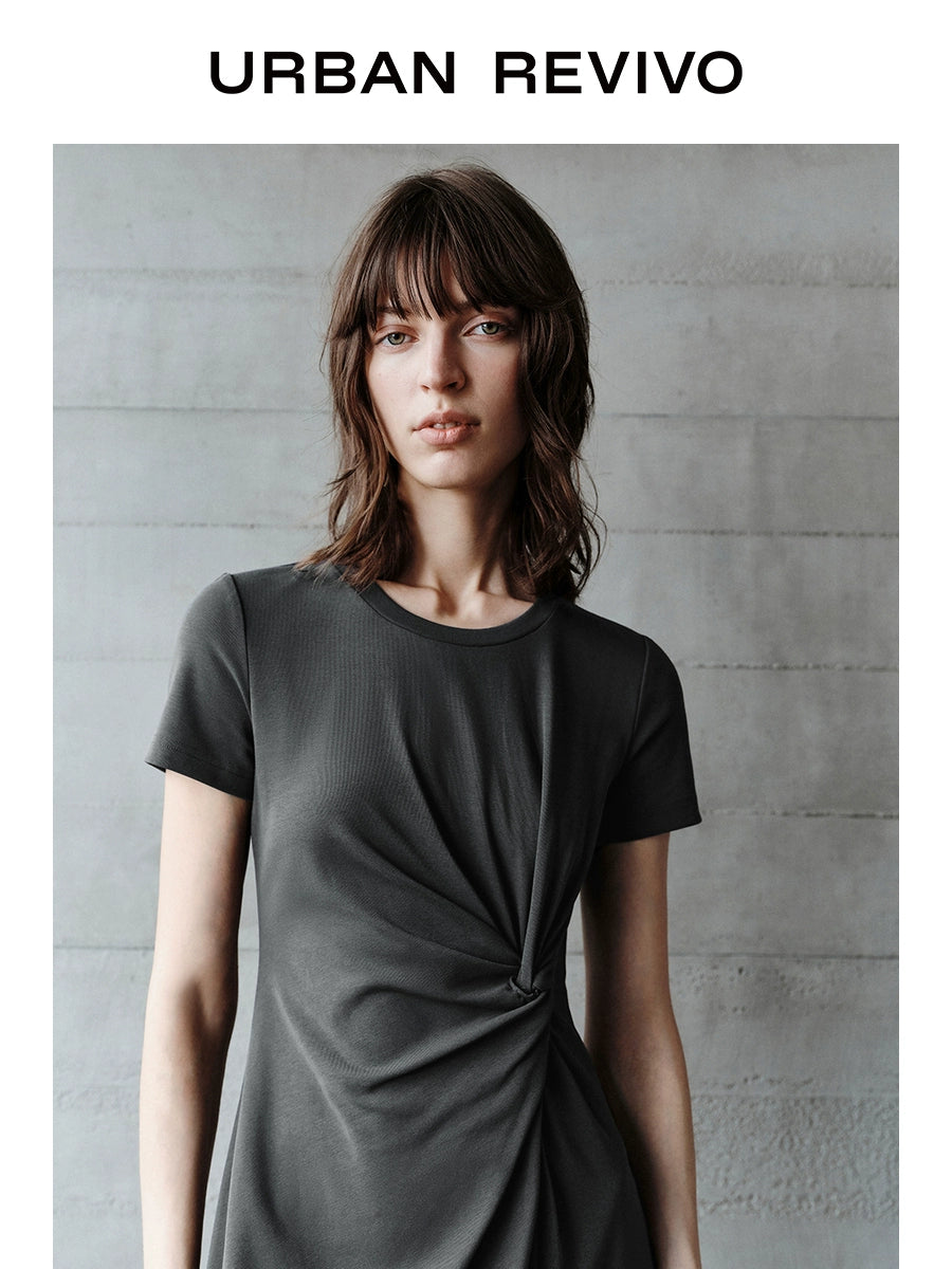 URBAN REVIVO Pleated Slit Slim Short Sleeve Dress