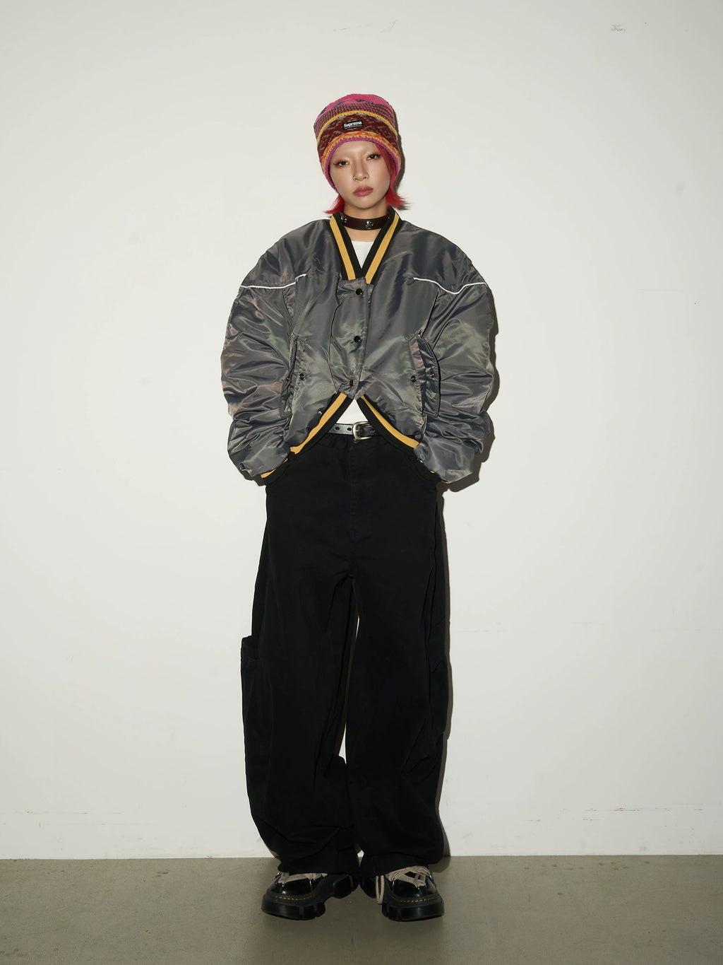 MICHINNYON V Neck Splicing Loose Cotton Jacket