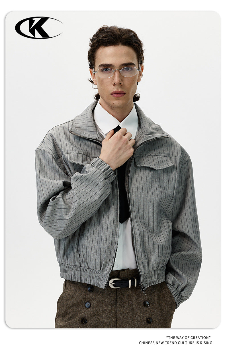 11KN Striped Casual Loose Stand-Up Neck Cardigan