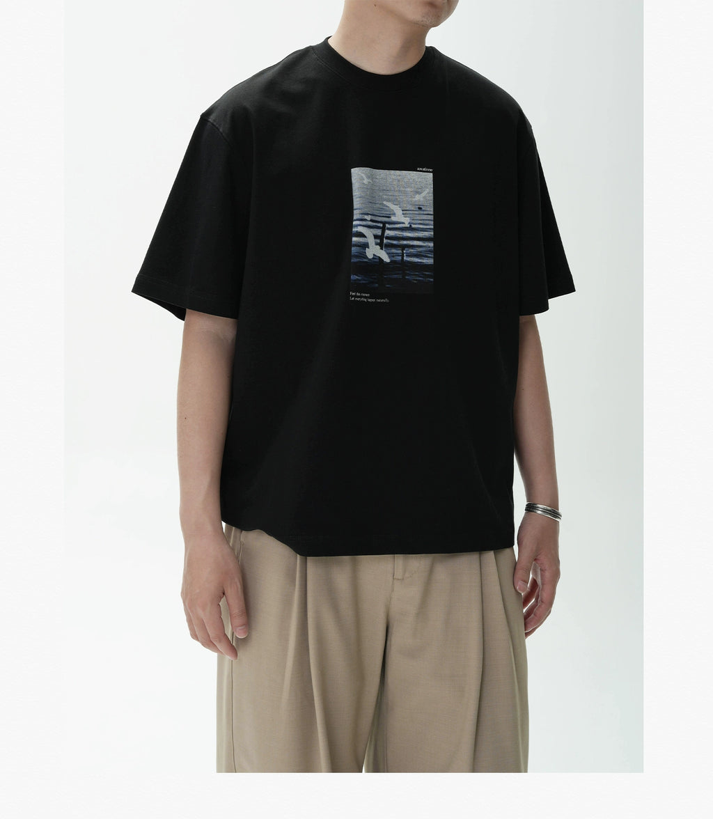 AWT Landscape Flying Bird Direct Injection Printing Loose TEE