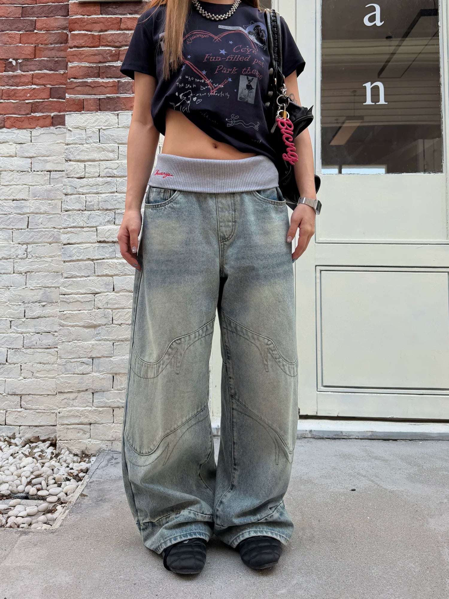 CCYE Fake Two-piece Spliced Waist Wide-leg Jeans