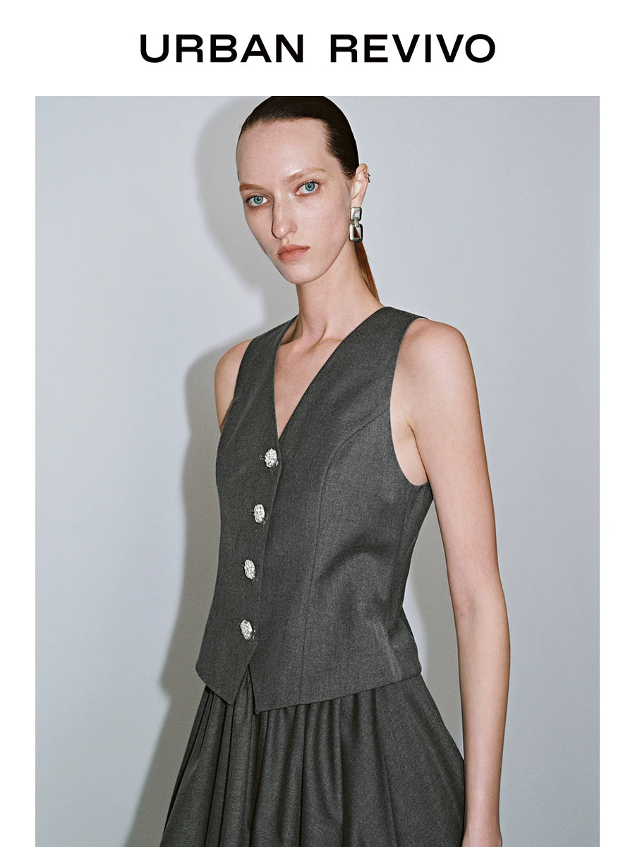 URBAN REVIVO Gray Metal Buckle V-neck Sleeveless Dress