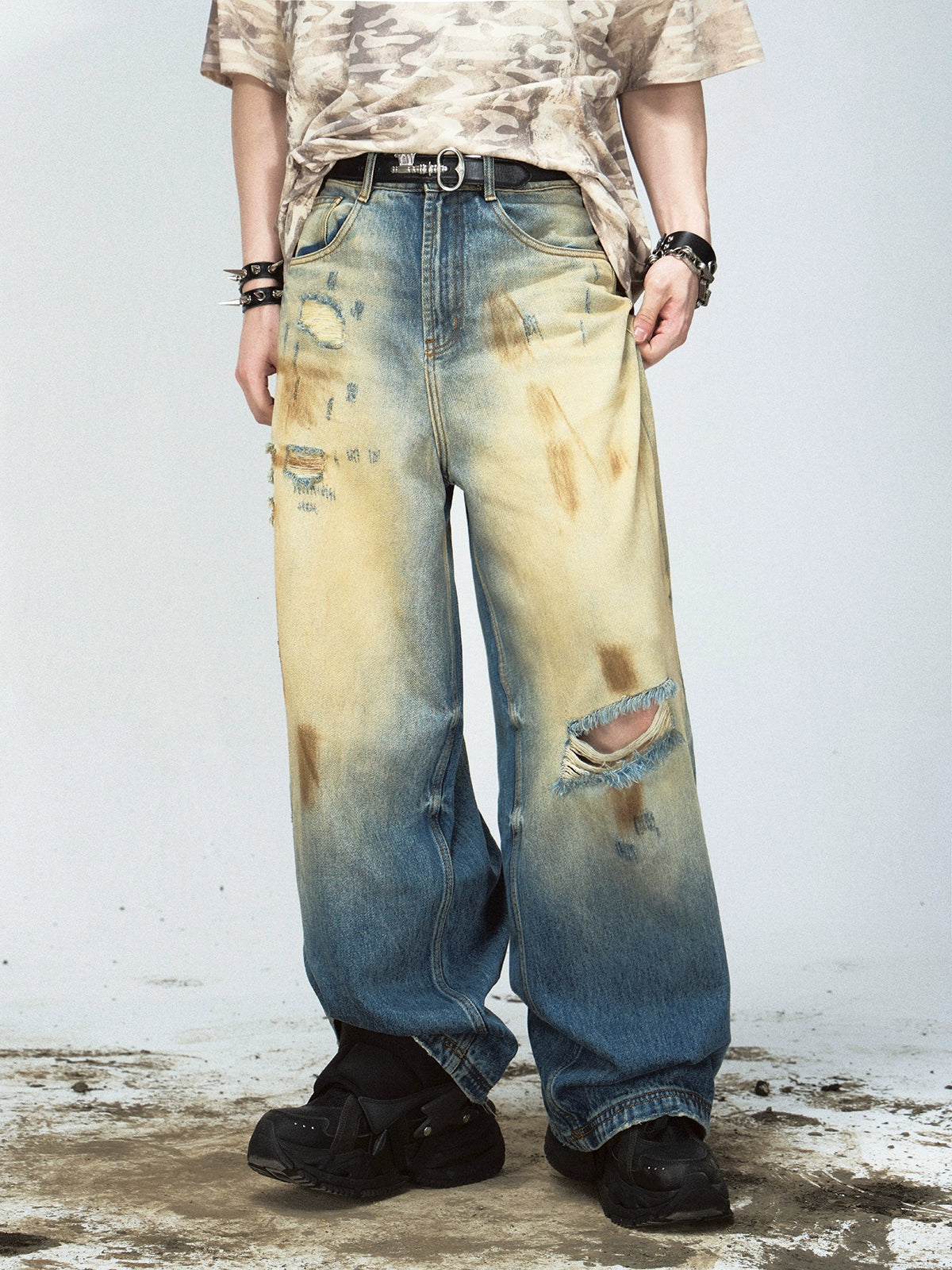 PEOPLESTYLE Yellow Mud-dyed Ripped Straight Jeans