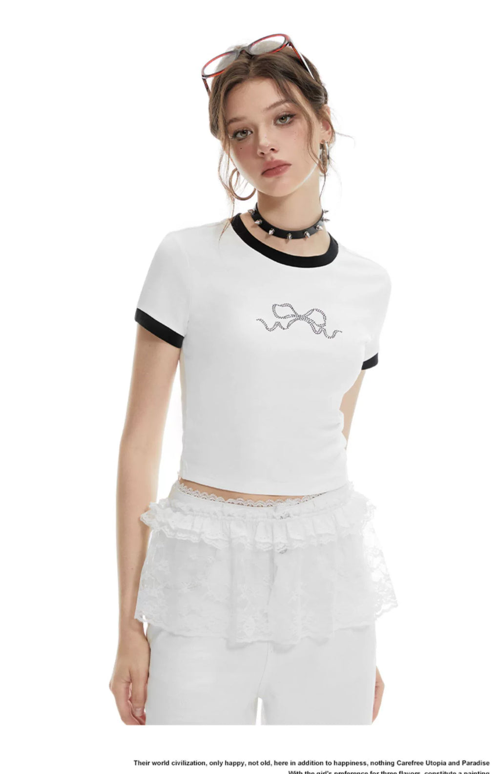 Imone Contrasting Bow Hot Diamond Round Neck Tee