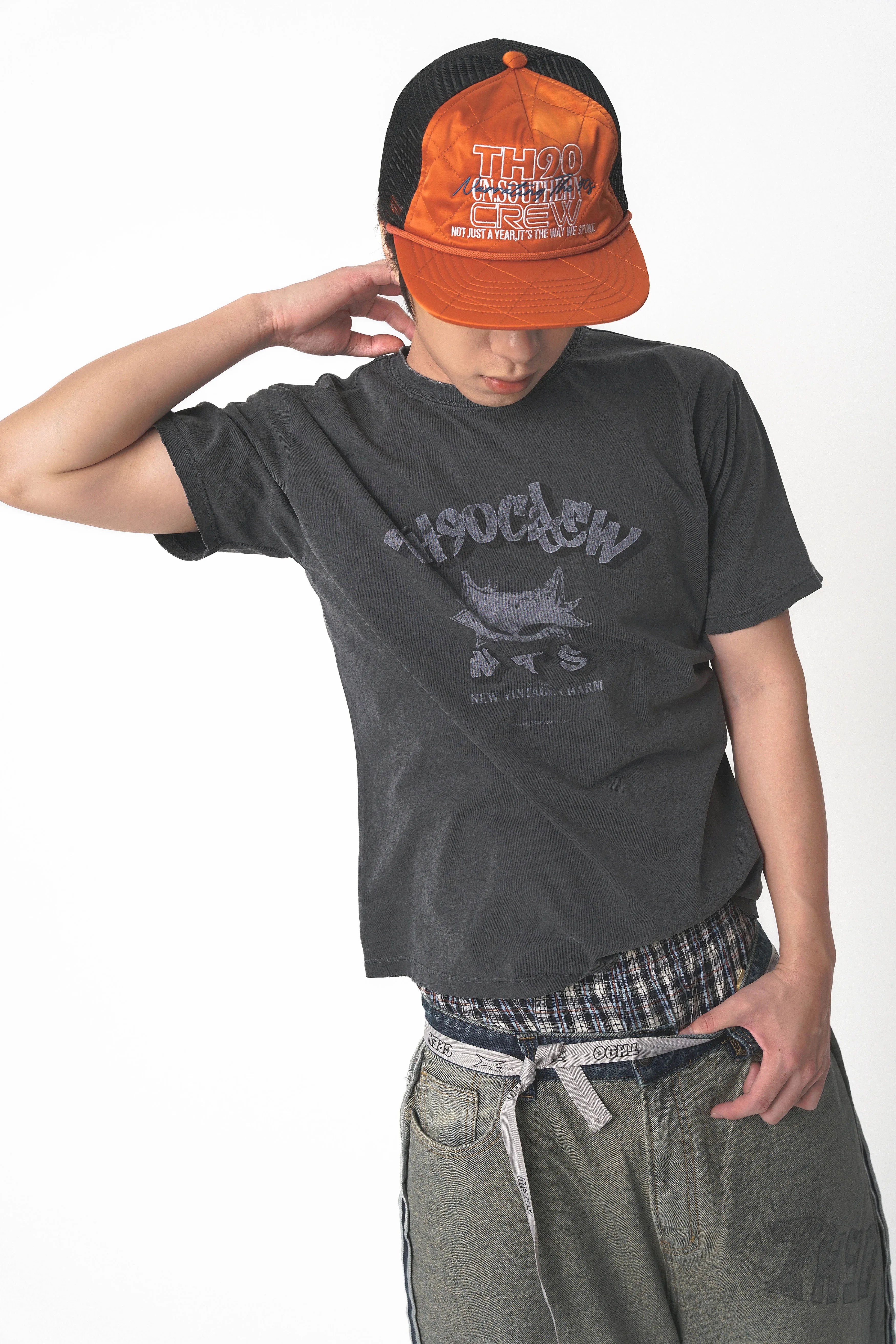 TH90CREW Satin Letter Printed Flat Rim Cap