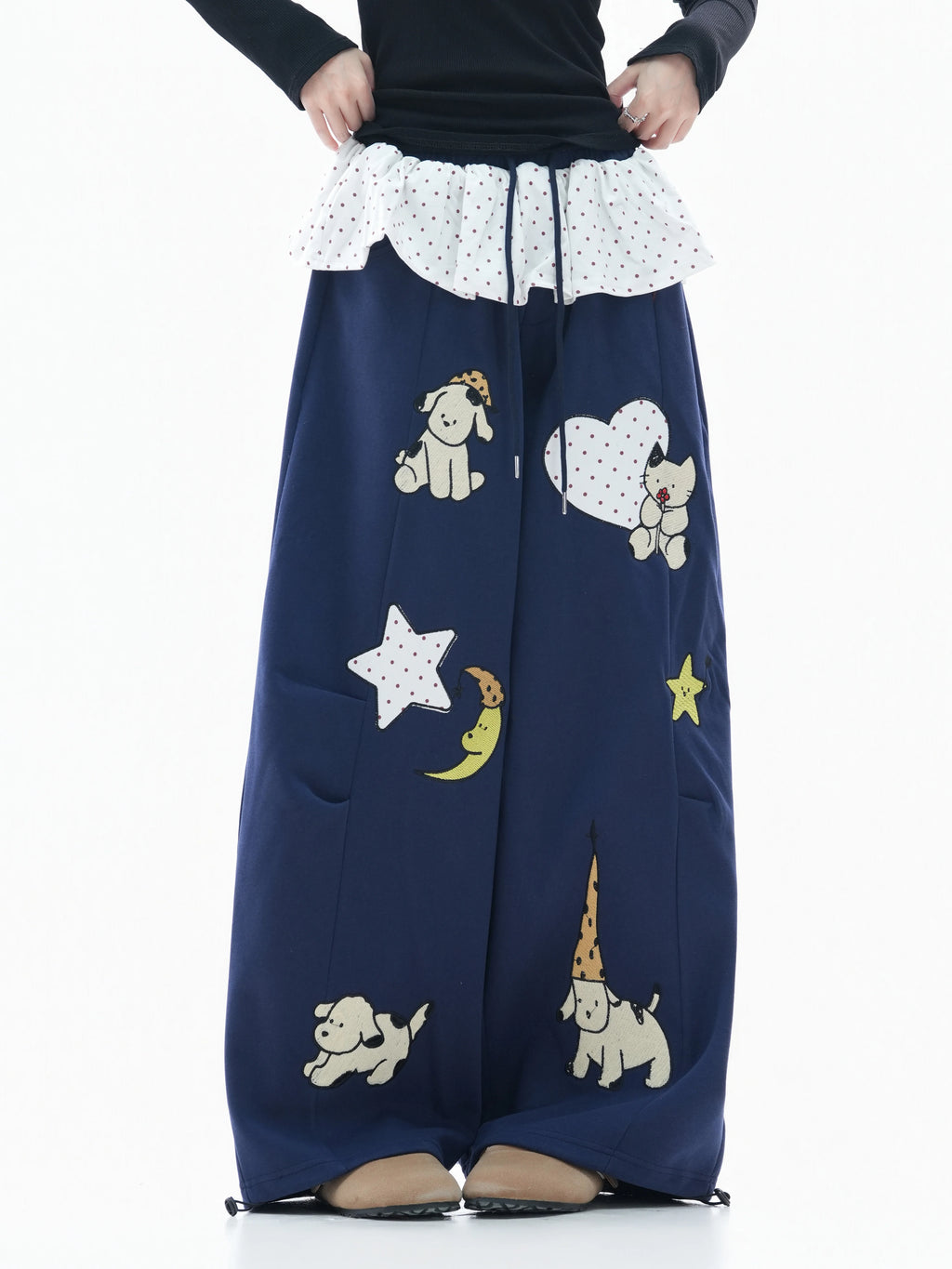 Zuocisankon Polka Dot Fart Curtain Cartoon Embroidered Sweatpants