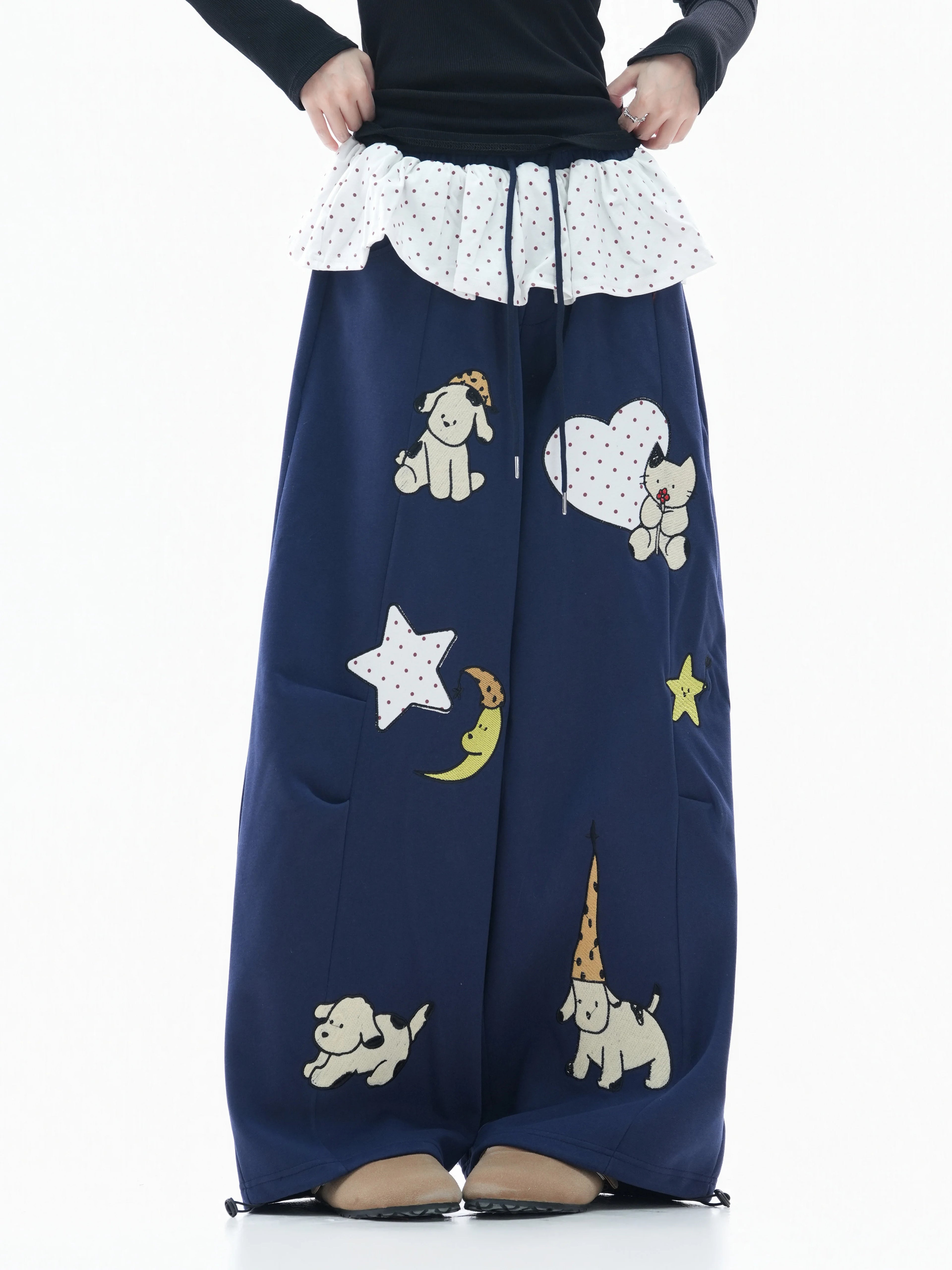Zuocisankon Polka Dot Fart Curtain Cartoon Embroidered Sweatpants
