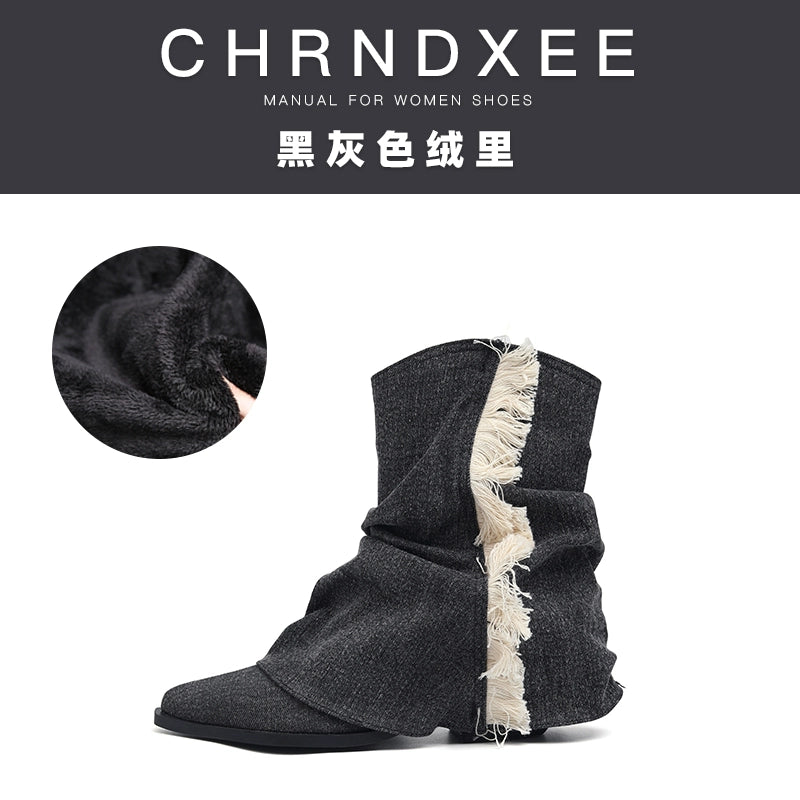CHRNDXEE Tassel Vintage Western Cowboy Pile High Heel Boots