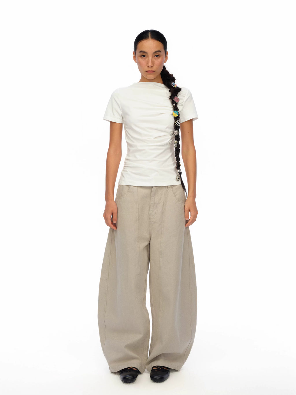 Oinimi Fold Front Shoulder Waist Thin Tee