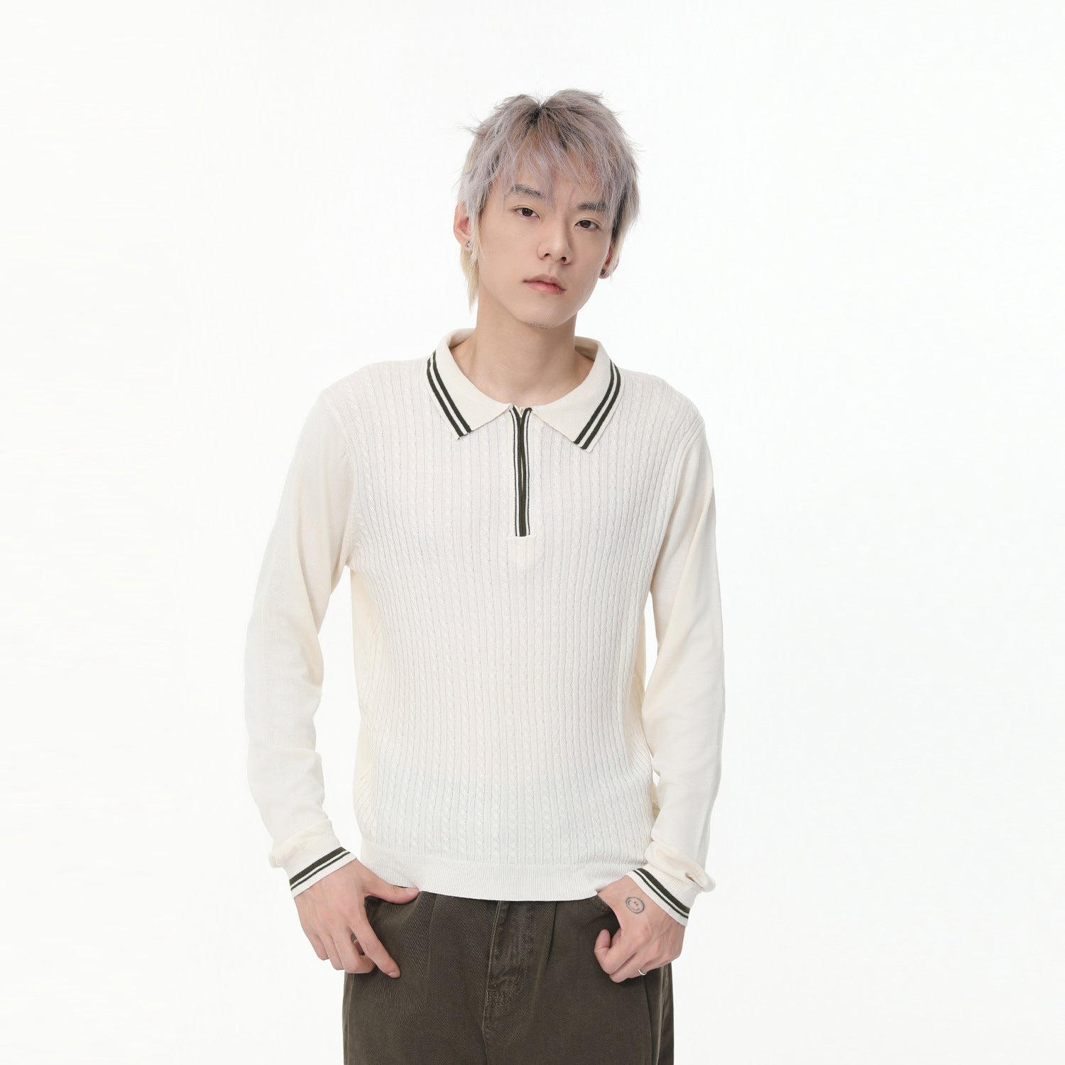 MTLCLOTHES Lapel Zipper Semi-open Neck Slim-fit Long-sleeved Knitted Sweater