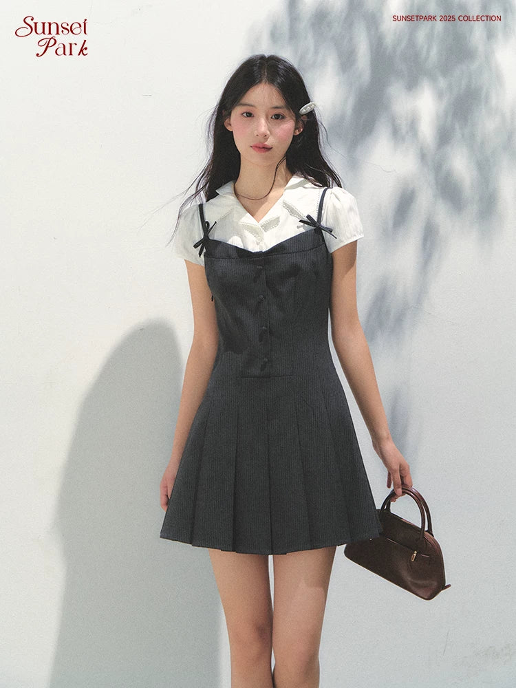 SunsetPark College Fake Two-piece Pleated Dress