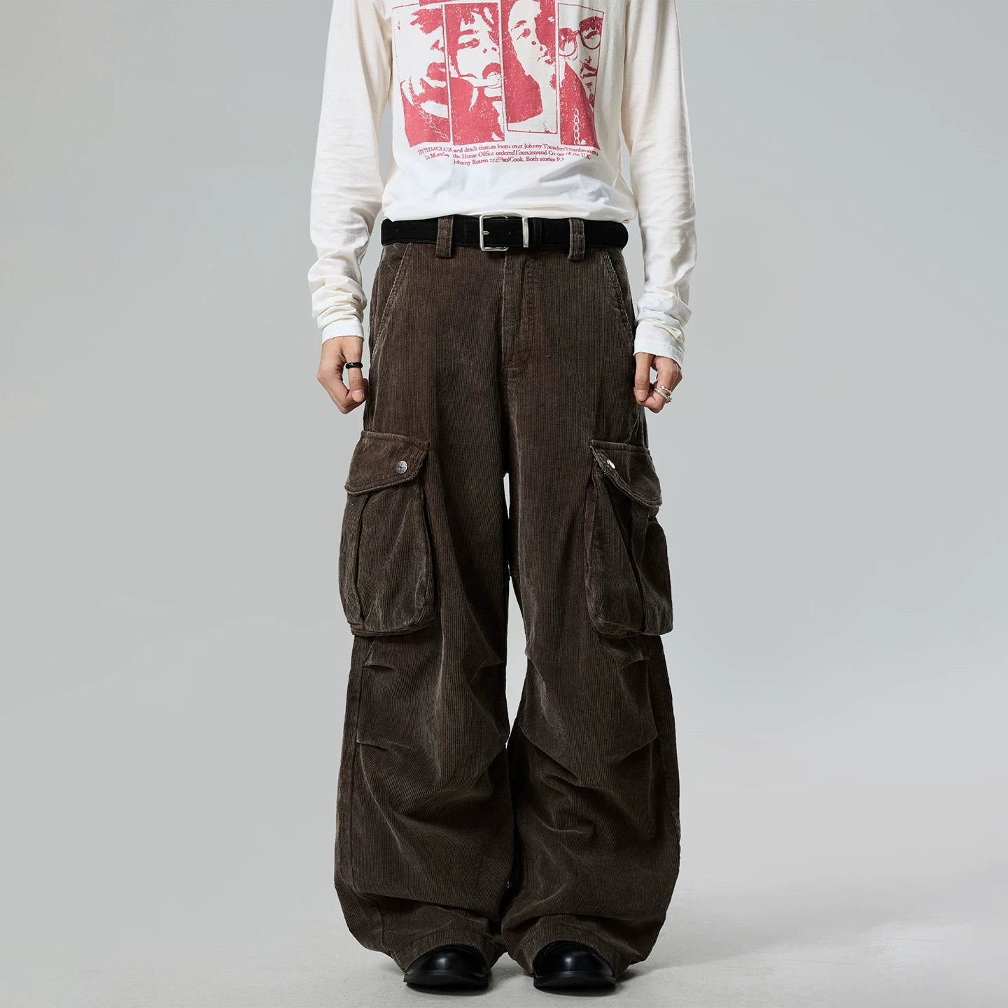 BTSG retro pleated pocket corduroy straight wide-leg pants