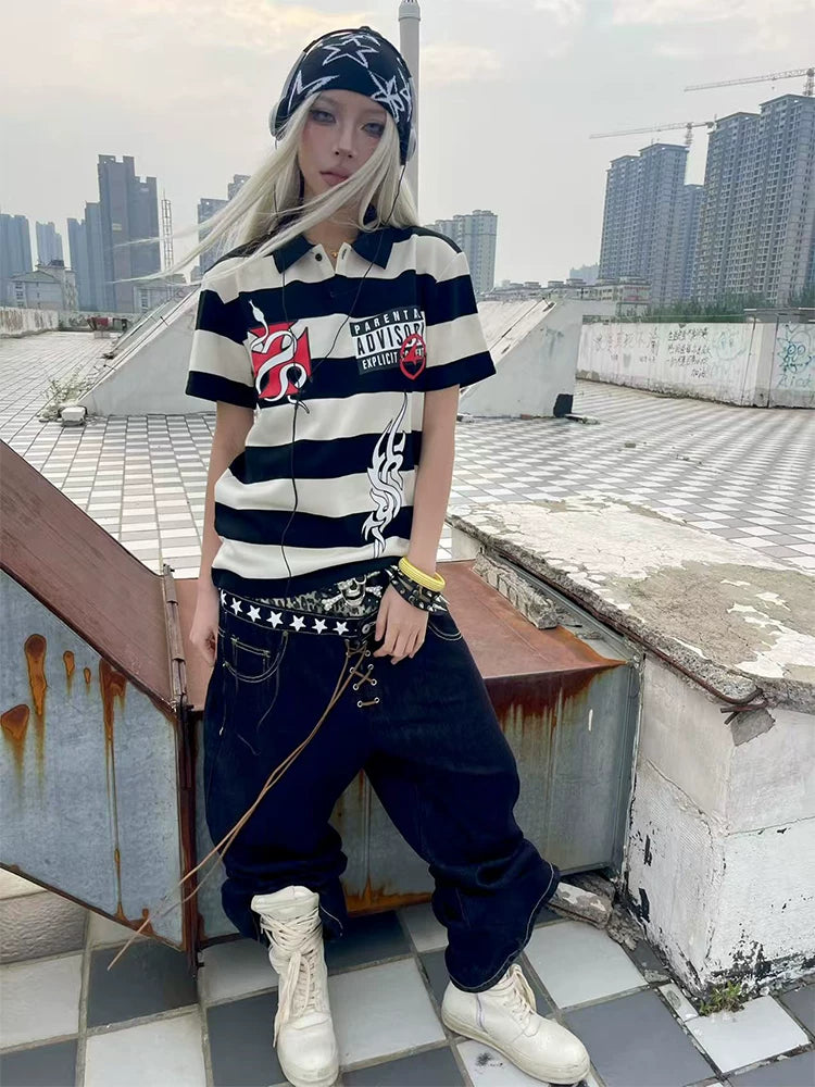 4AM Spoof Niche Print Striped Polo Shirt