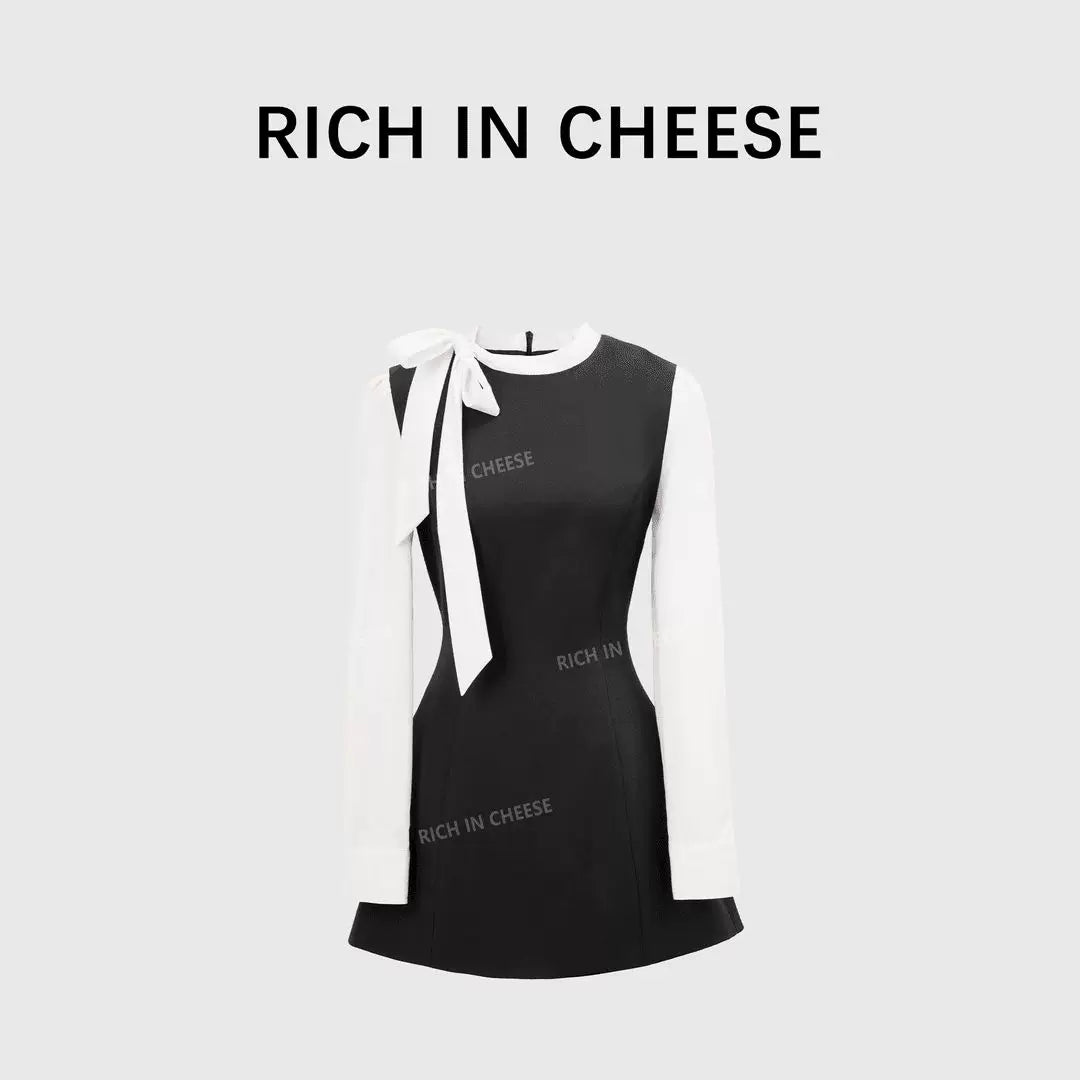 RICH IN CHEESE Lace-up Fake Two-piece Contrasting Dress