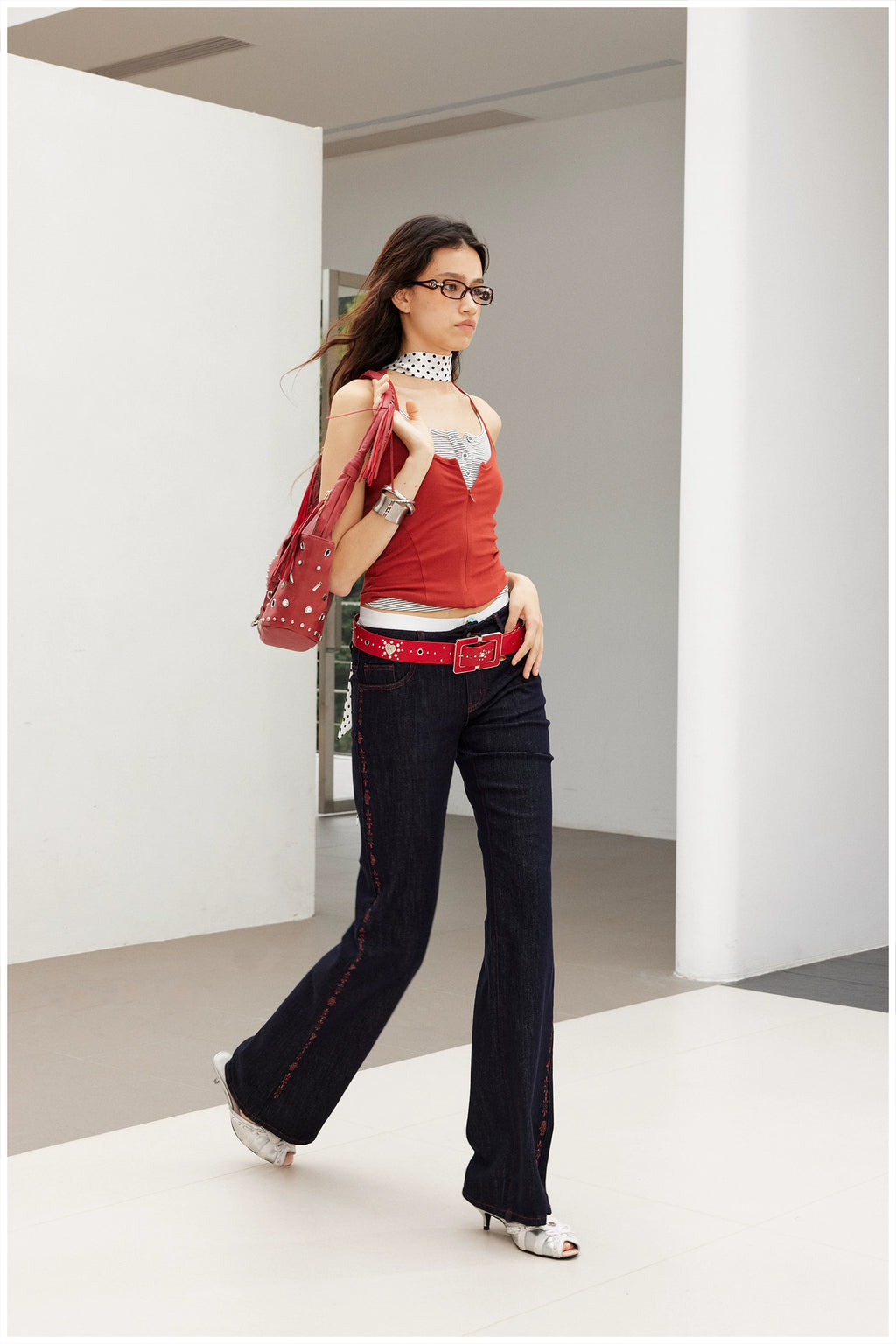 2Th Desire Vintage Contrast Red Stripe Hot Diamond Totem Print Jeans