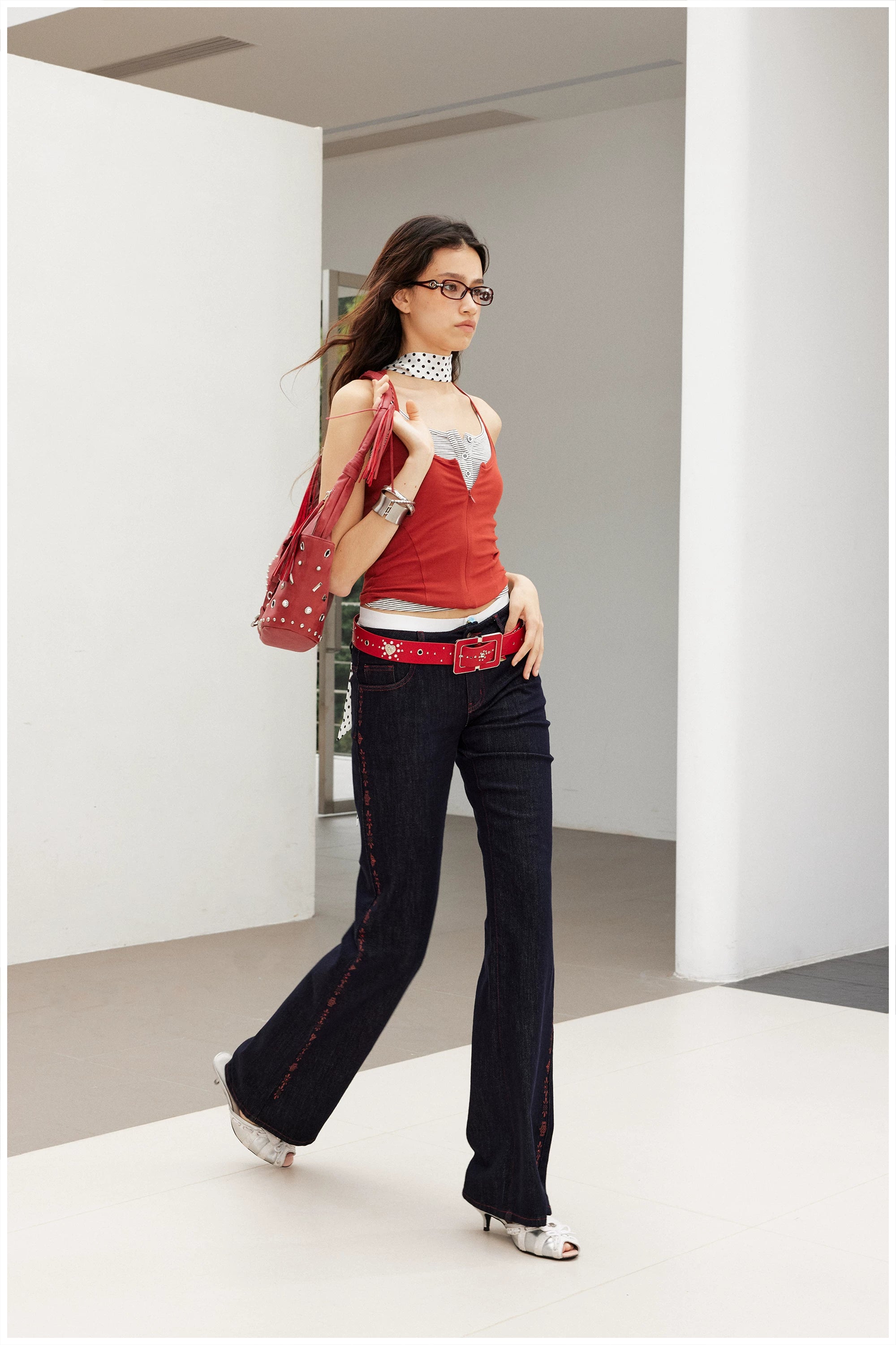 2Th Desire Vintage Contrast Red Stripe Hot Diamond Totem Print Jeans