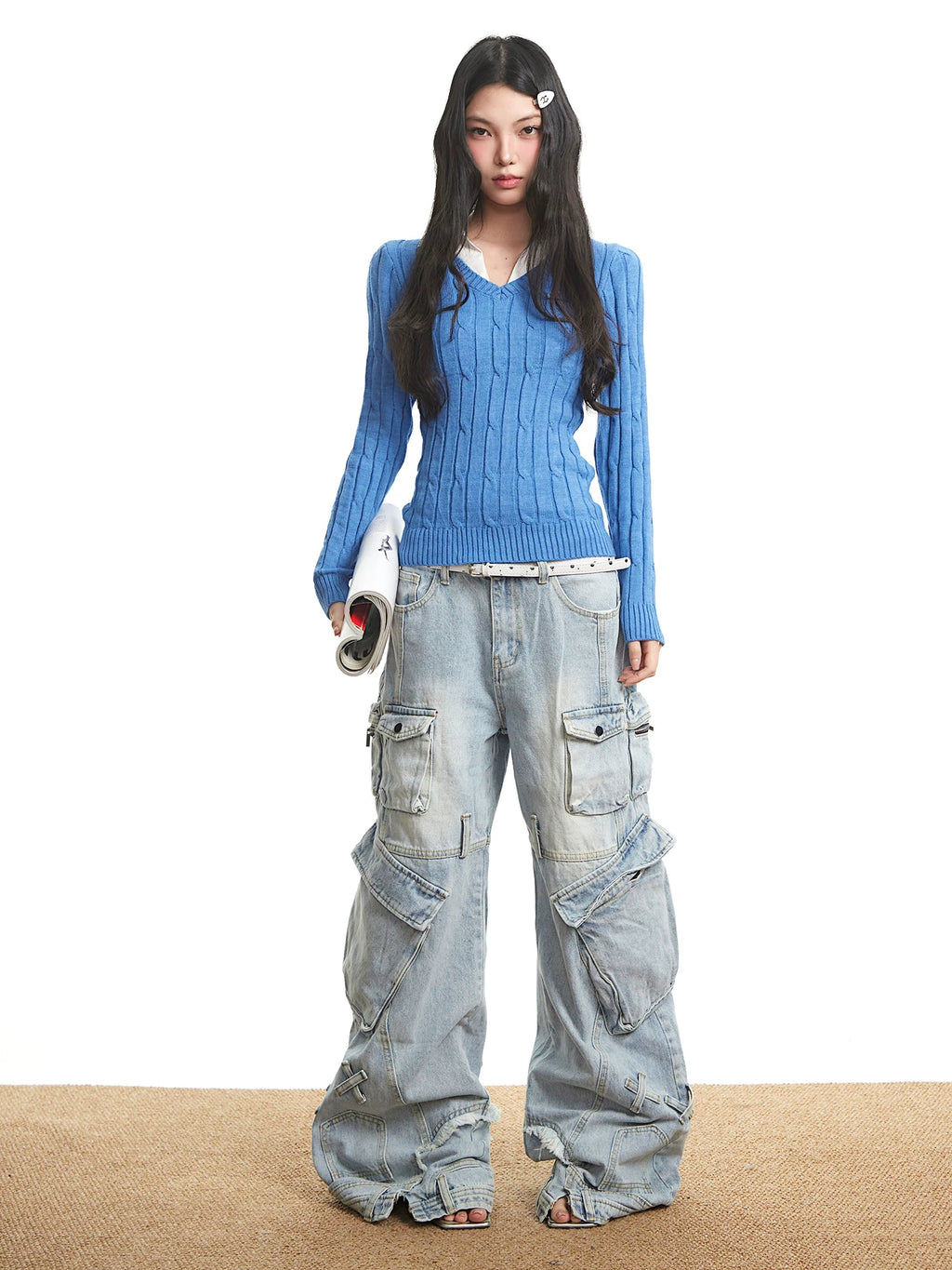 UNCMHISEX Fake Two-piece V-neck Slim-fitting and Thin Knitted Sweater