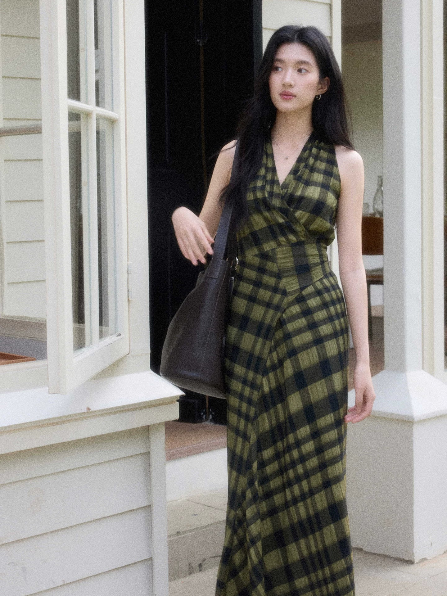TYANG Retro V-neck Plaid Dress