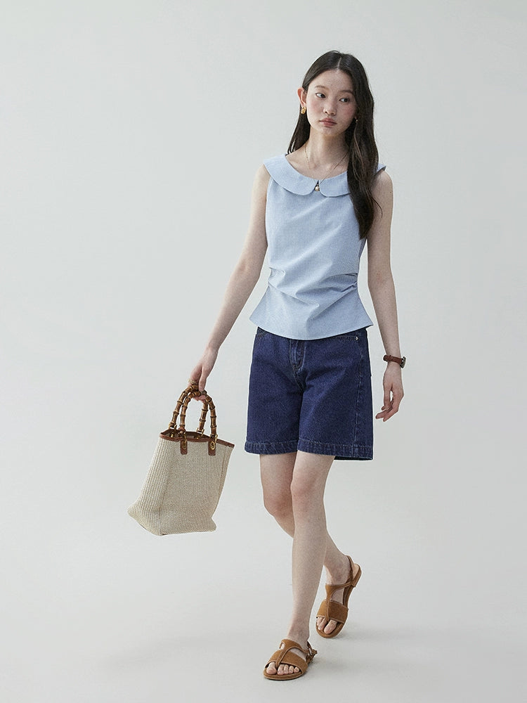 VOOE Contrasting Plaid Side Fold Doll Collar Shirt