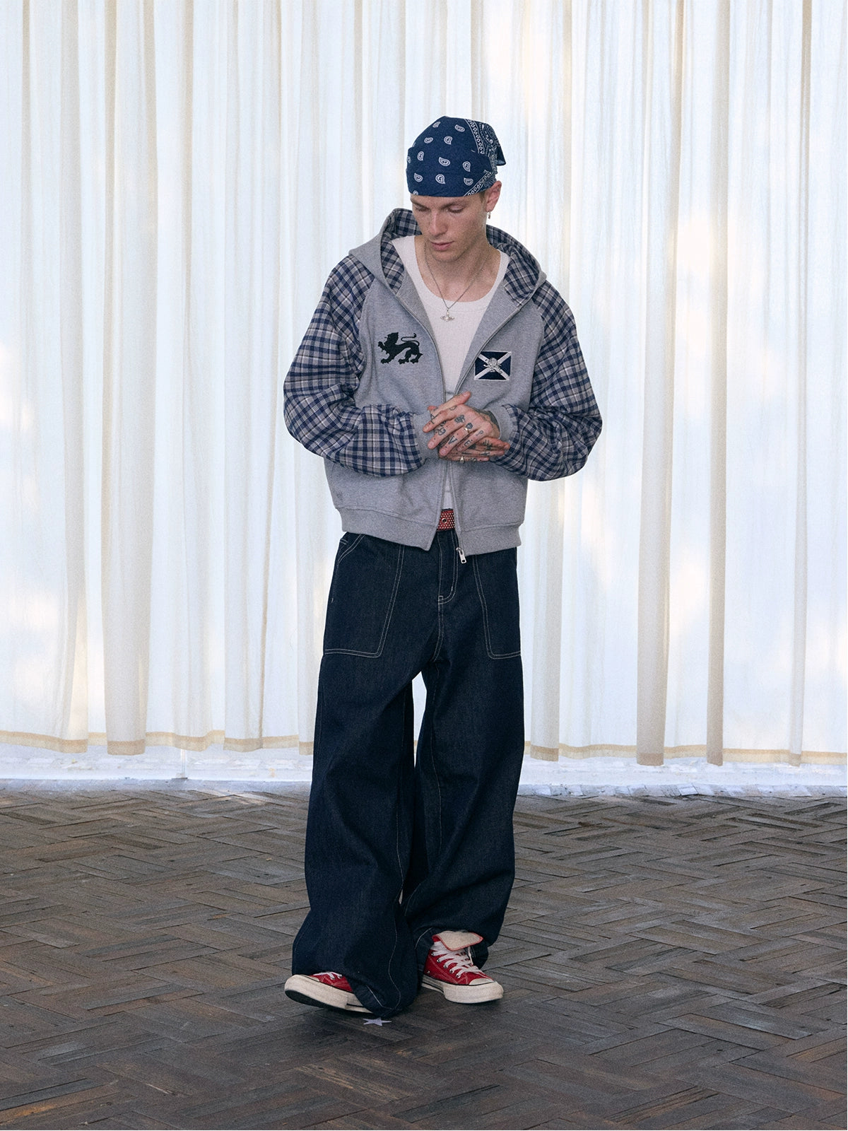 InsGale Contrast Checked Waffle Embroidered Hooded Cardigan Jacket