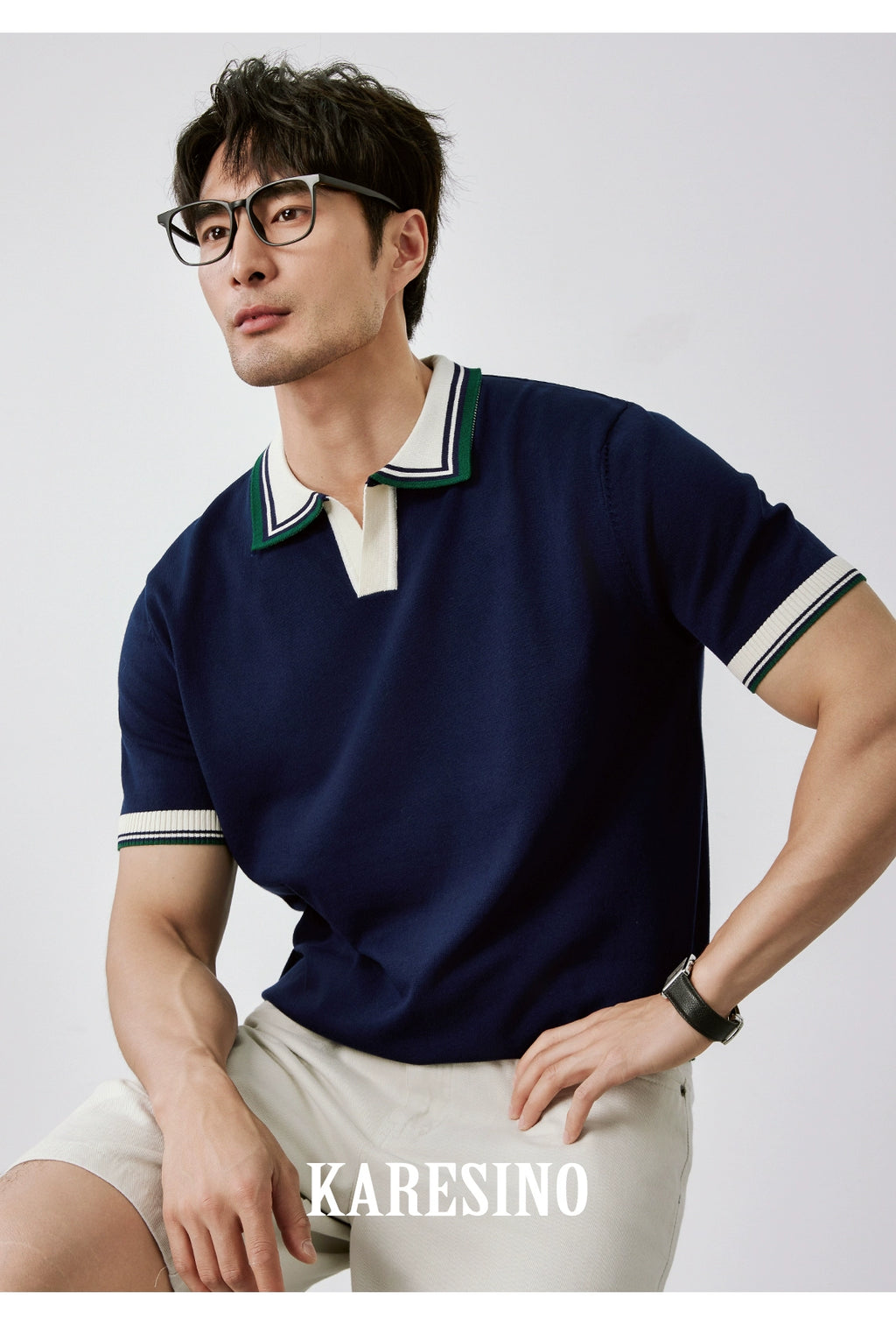 KARESINO Cold Silk Cool Color Contrasting Splicing Knitted Polo Shirt